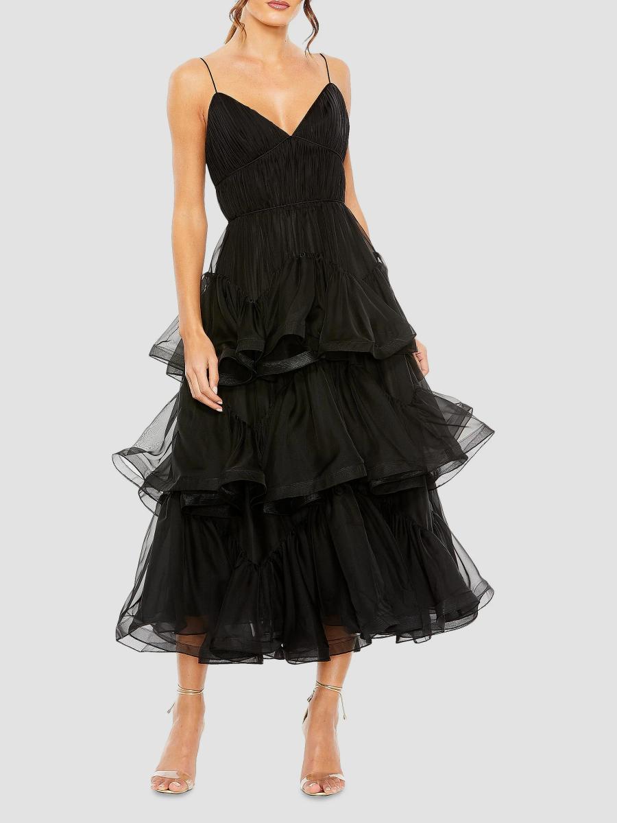 mac duggal a line deep v ruffled tulle midi dress Tiered Midi-Dress line skirt adds a