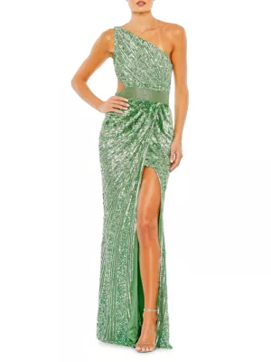 Shop Mac Duggal Sequined One-Shoulder Lace-Up Gown | Saks Fifth Avenue