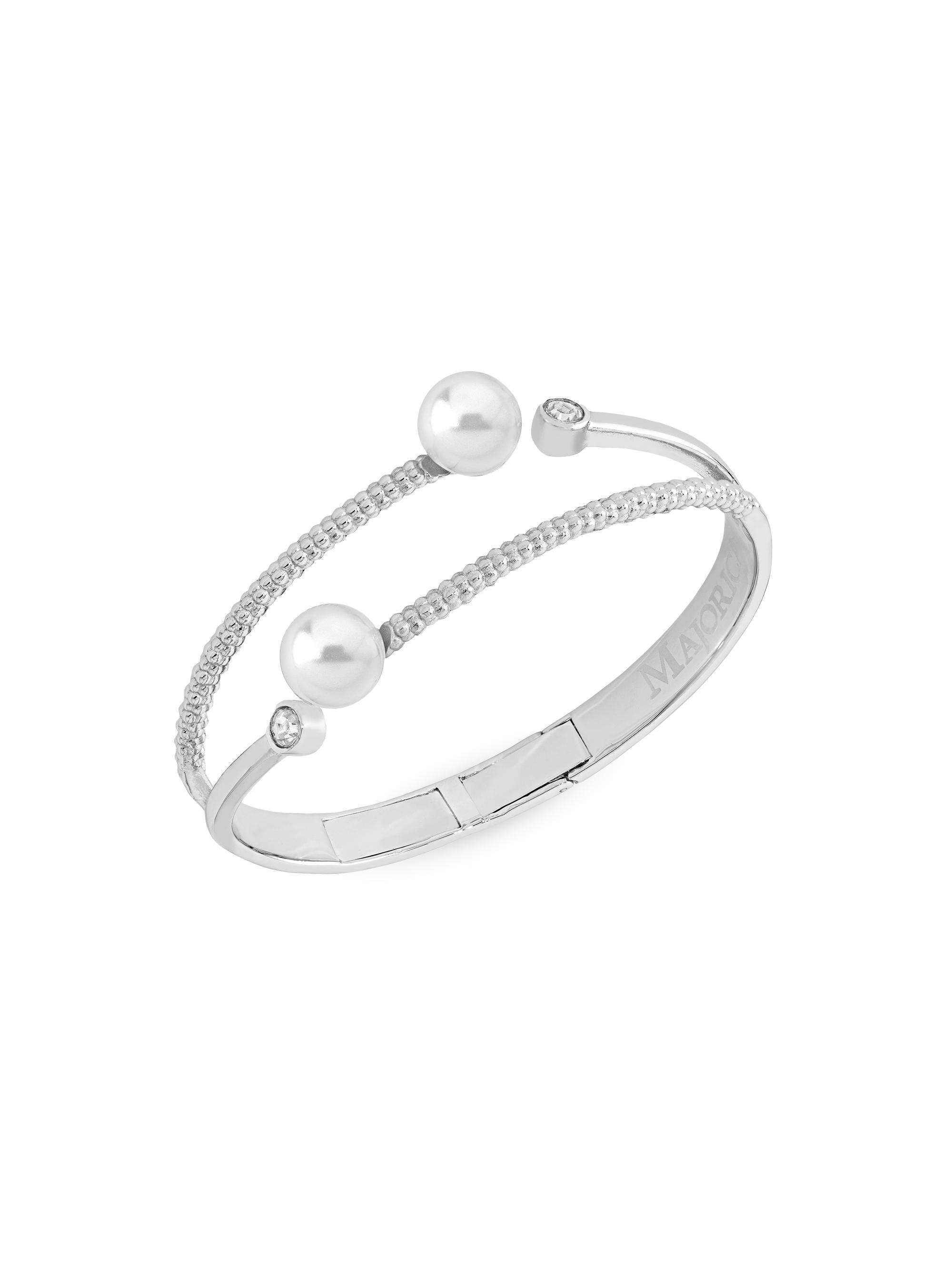 Majorica Women's Planet Rhodium-Plated Silver, Faux White Pearls & Cubic Zirconia Bangle Bracelet - Pearl