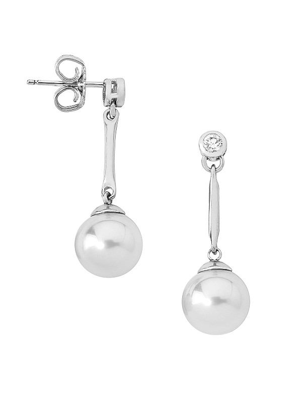 Simulated Pearl and Cubic Zirconia Drop Earrings Rhodium on Sterling Silver Simulated Pearl and Cubic Zirconia Drop Earrings Rhodium on Sterling Silver