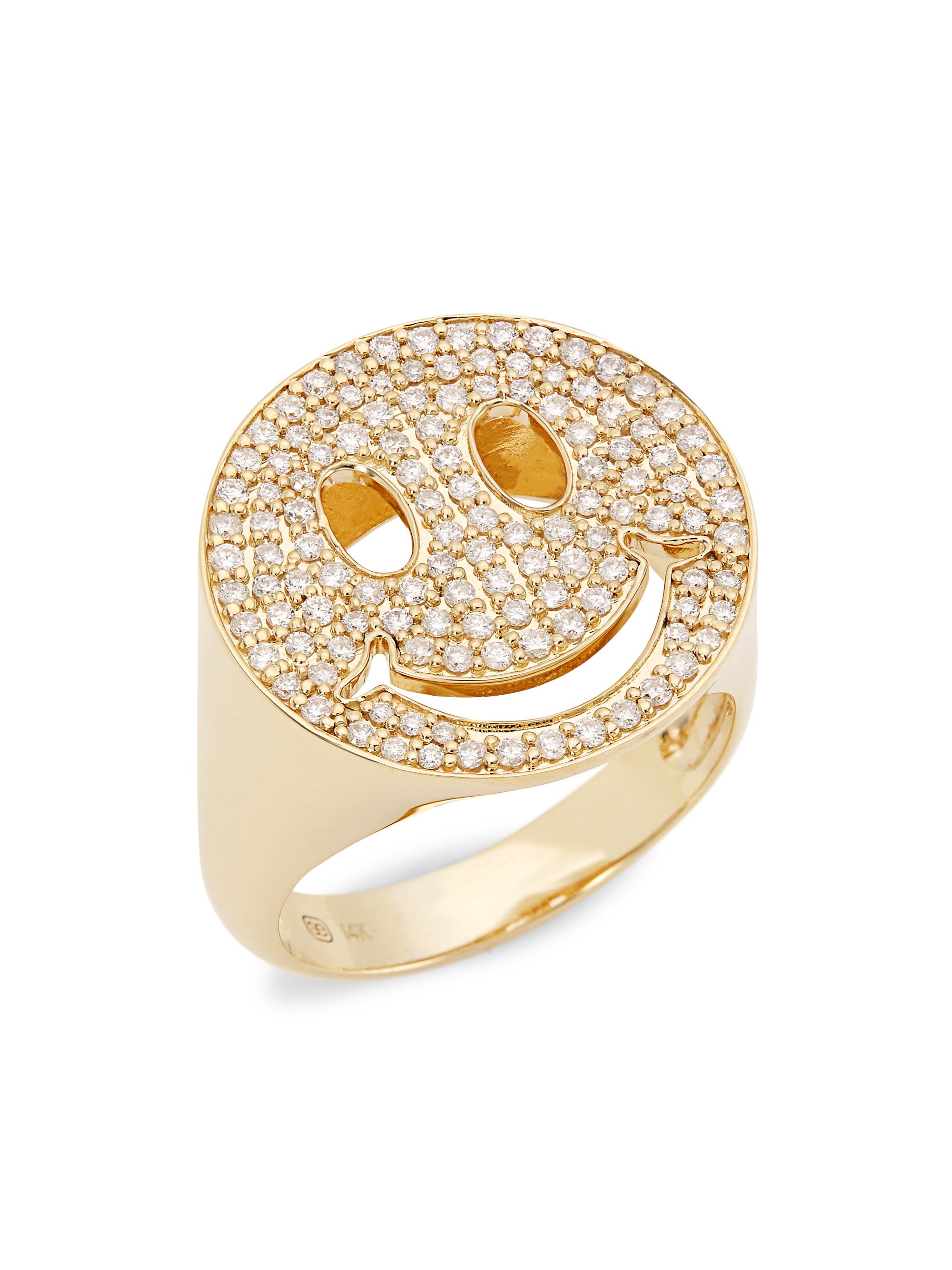 Sydney Evan Women's Large Happy Face 14K Gold & Diamond Signet Ring - Gold