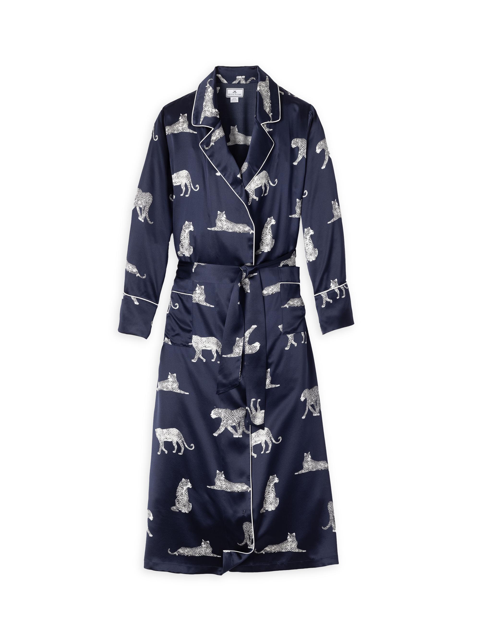 Petite Plume Mulberry Silk Panther Robe - Navy