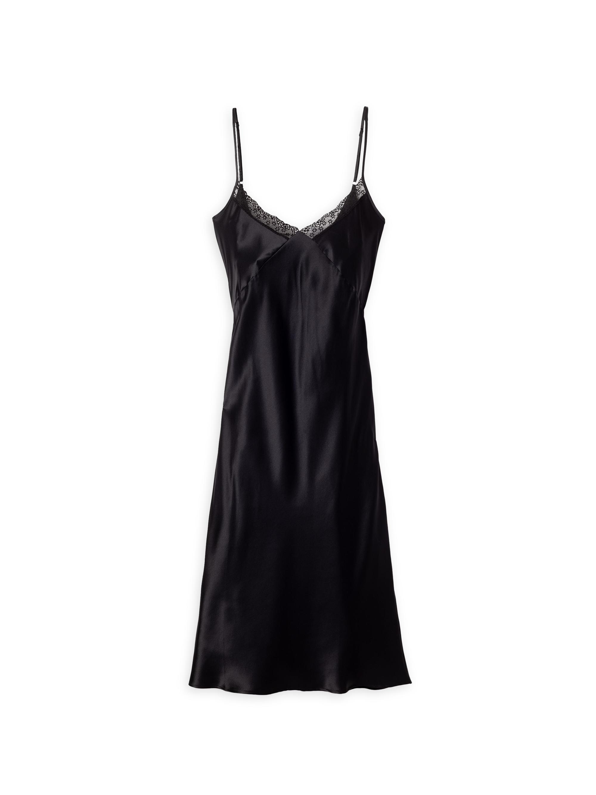 Petite Plume Silk Cosette Lace-Trim Nightgown - Black