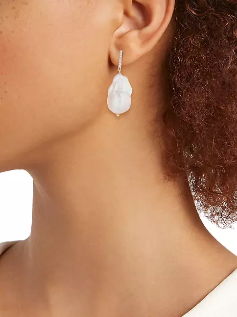 14kt Diamond Bar Baroque Pearl Earrings