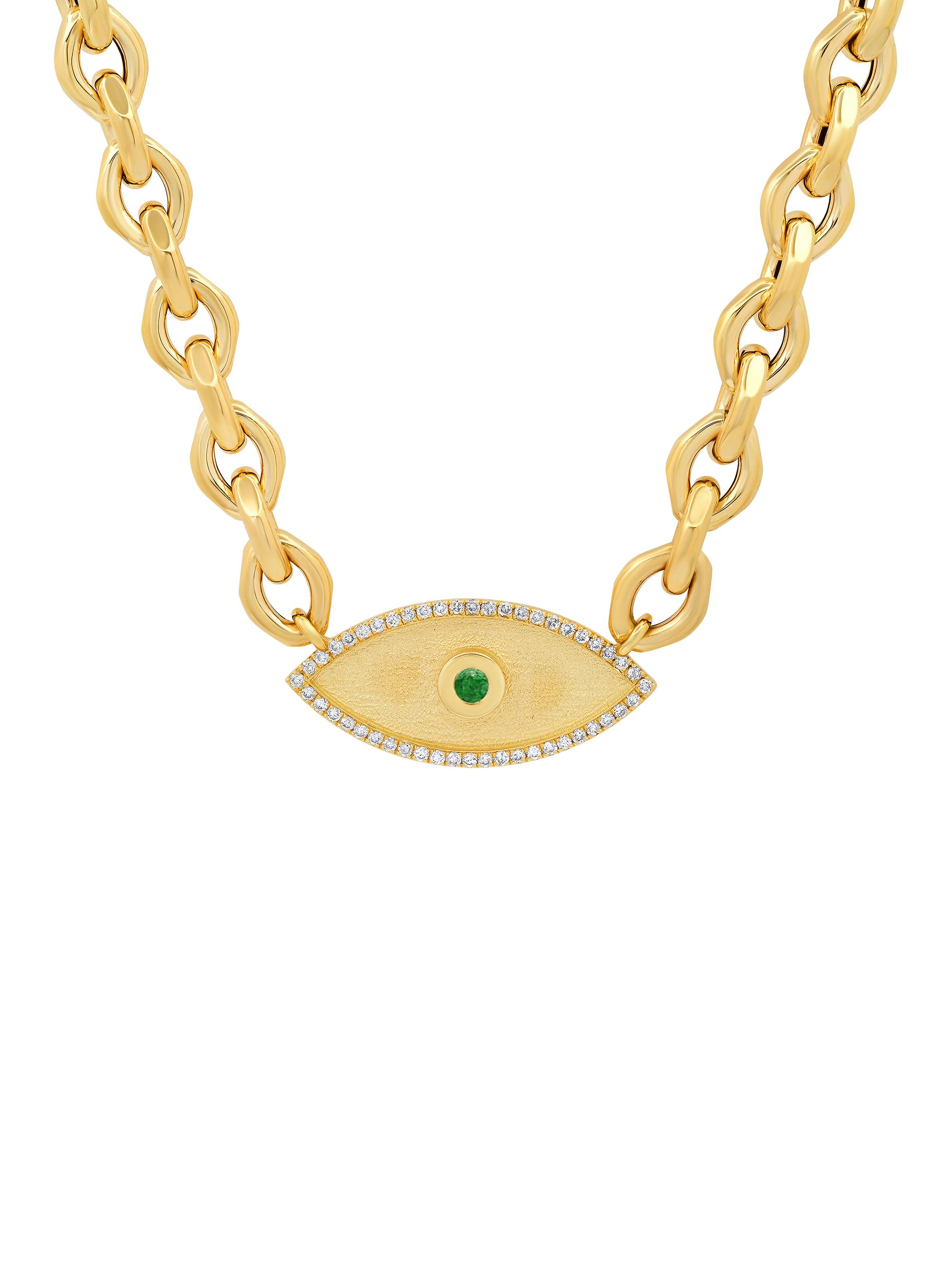 Shylee Rose Jewelry Women's Double Protection 14K Yellow Gold, 0.26 TCW Diamond, & Emerald Evil Eye Pendant Necklace - Yellow Gold