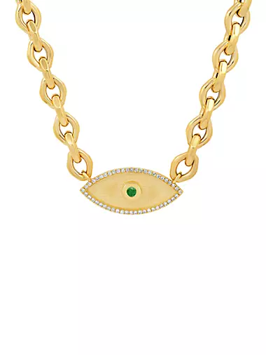 Double Protection 14K Yellow Gold, 0.26 TCW Diamond, & Emerald Evil Eye Pendant Necklace