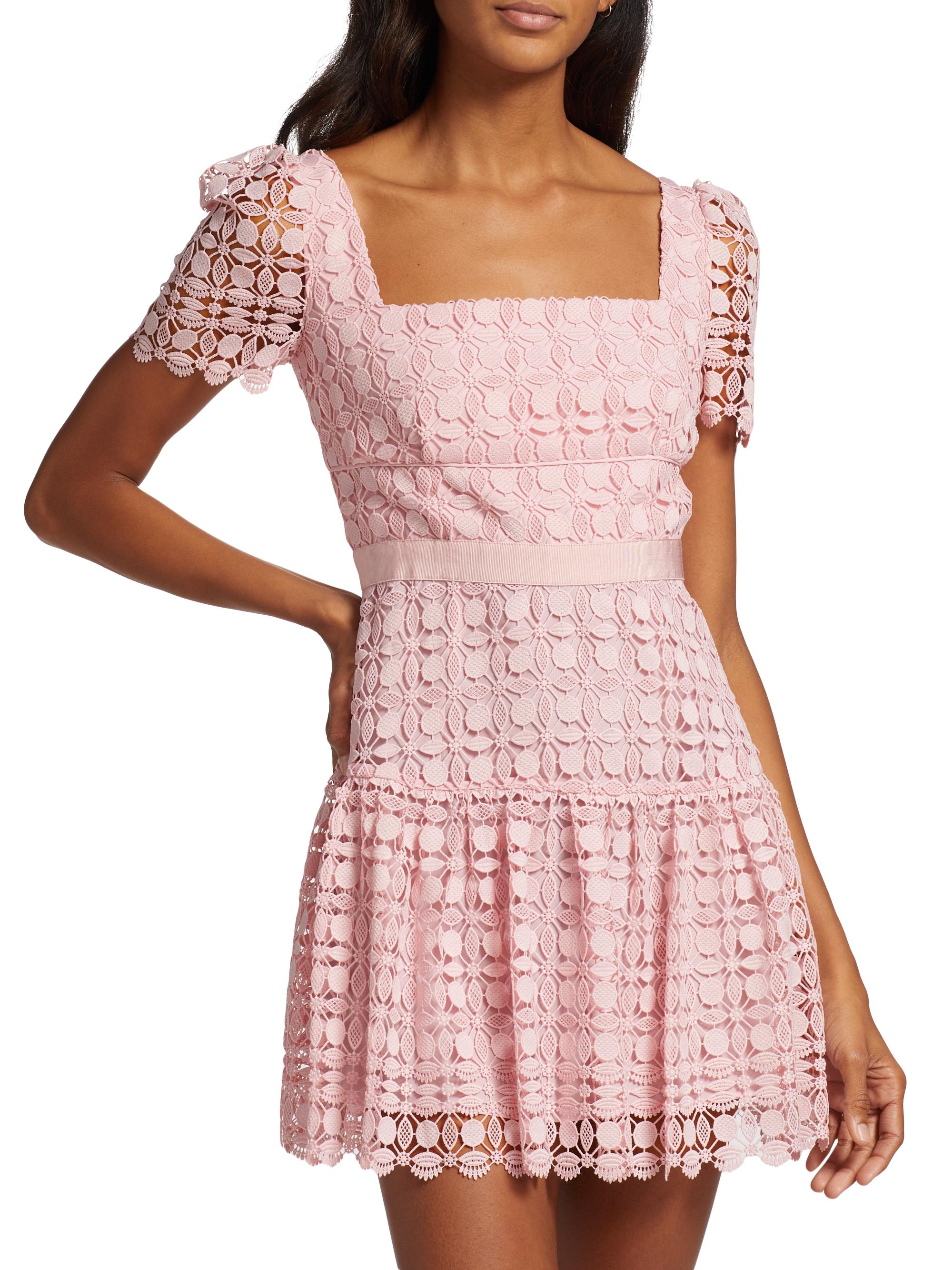 self portrait pink tiered lace mini dress Self-Portrait Short-Sleeve Tiered Lace Minidress
