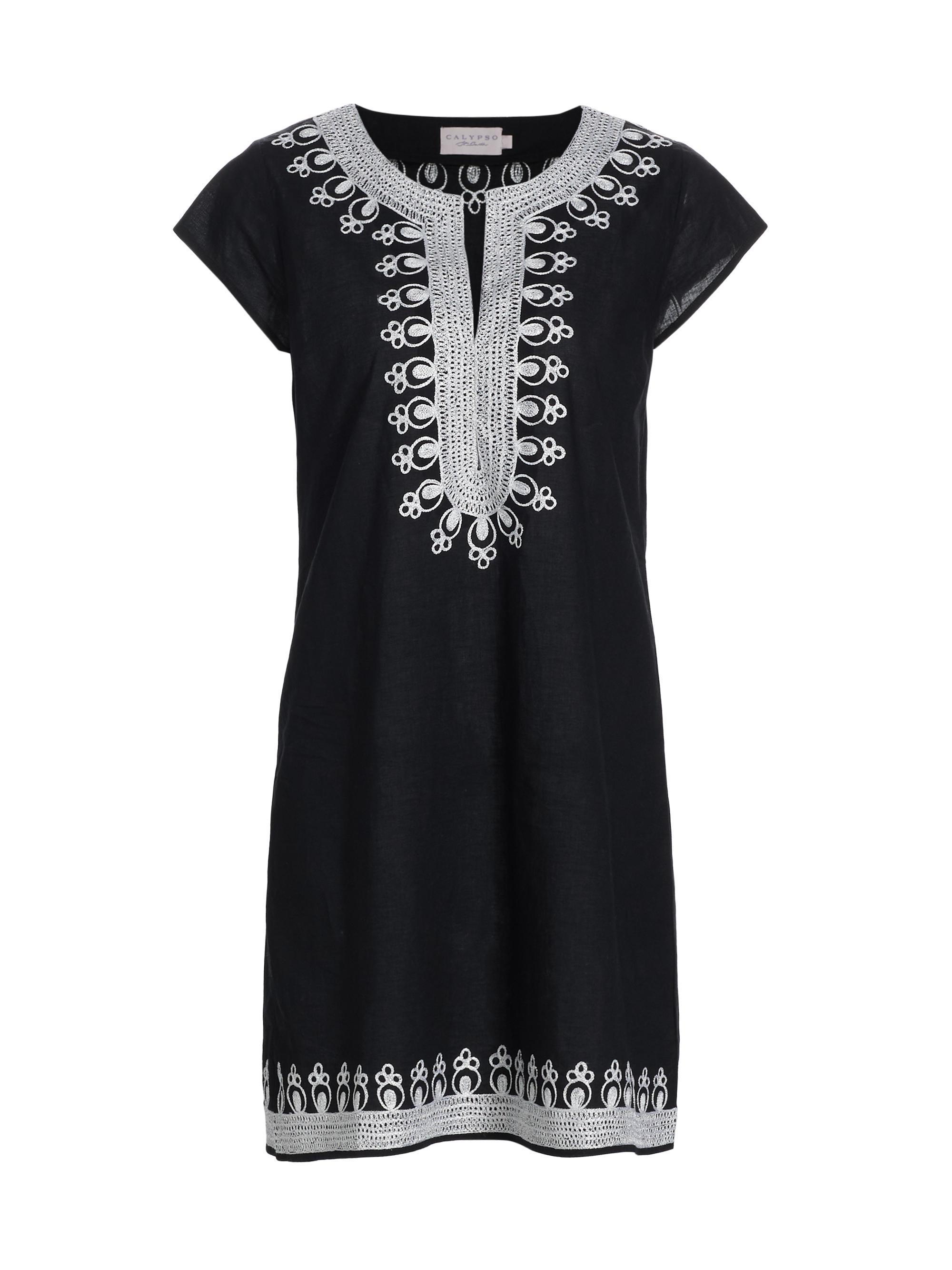 Calypso St. Barth Women's Embroidered Cotton Voile T-Shirt Dress - Black White