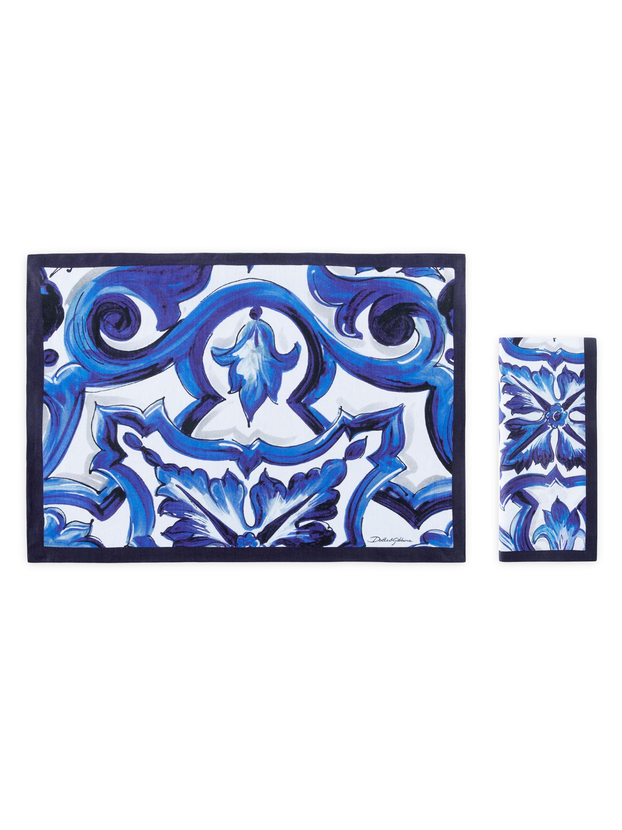 Dolce & Gabbana Blue Mediterraneo Printed Linen Placemat & Napkin Set - Blue