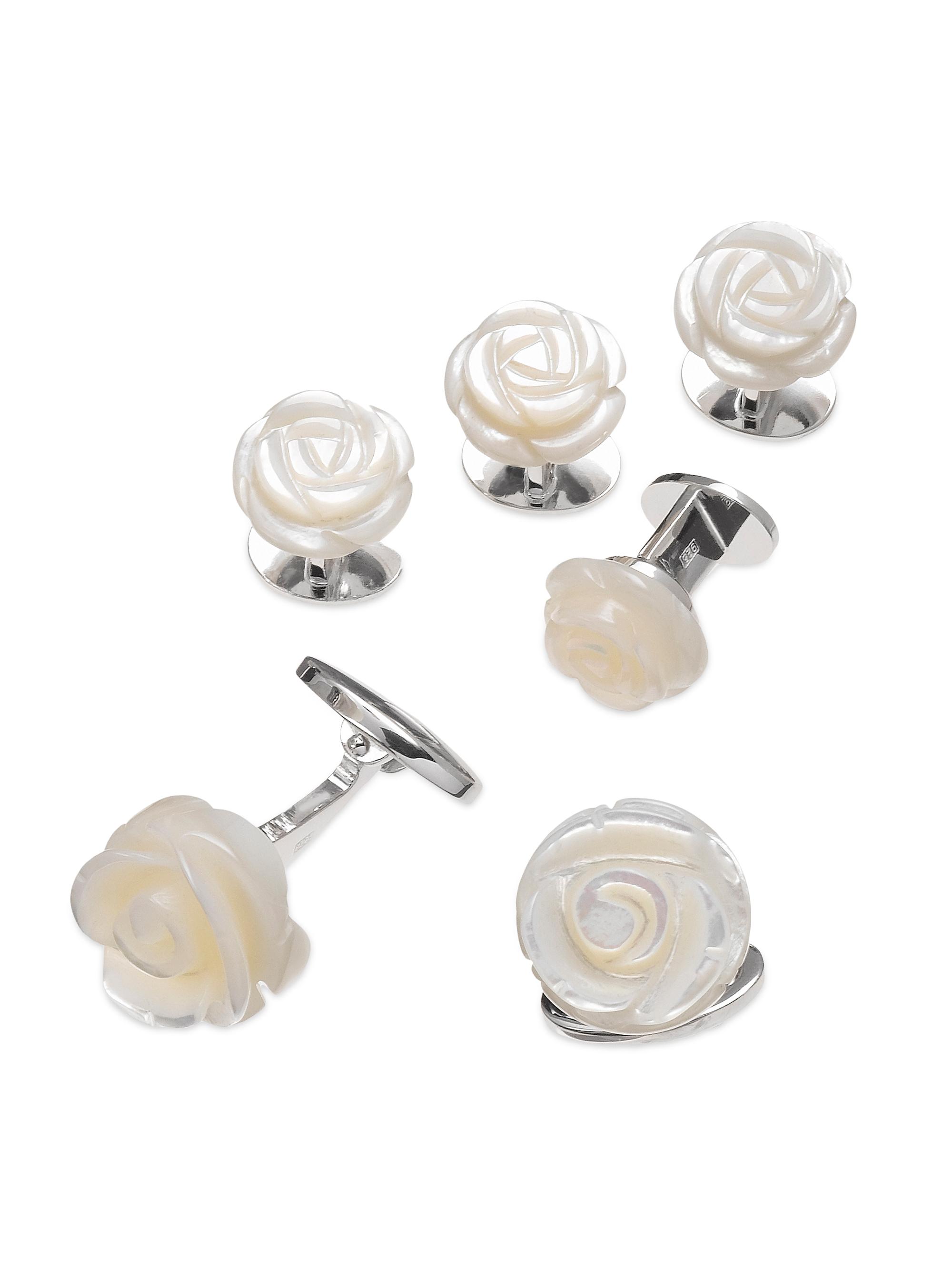 Jan Leslie Men's 6-Piece Sterling Silver & Carved Mother-of-Pearl Rose Stud & Cufflinks Set - White