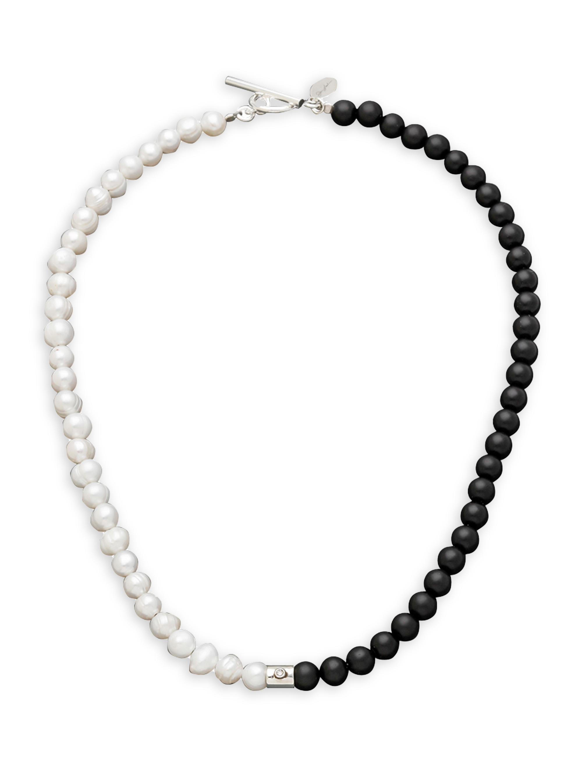 Jan Leslie Men's Sterling Silver Freshwater Pearl & Black Agate Bead Necklace - Black White