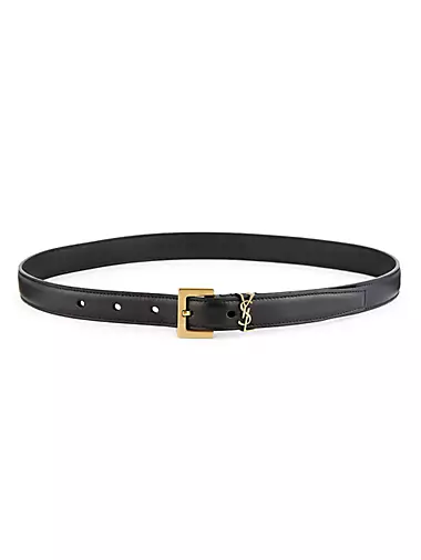 Cassandre Thin Belt with Square Buckle in Grained Leather