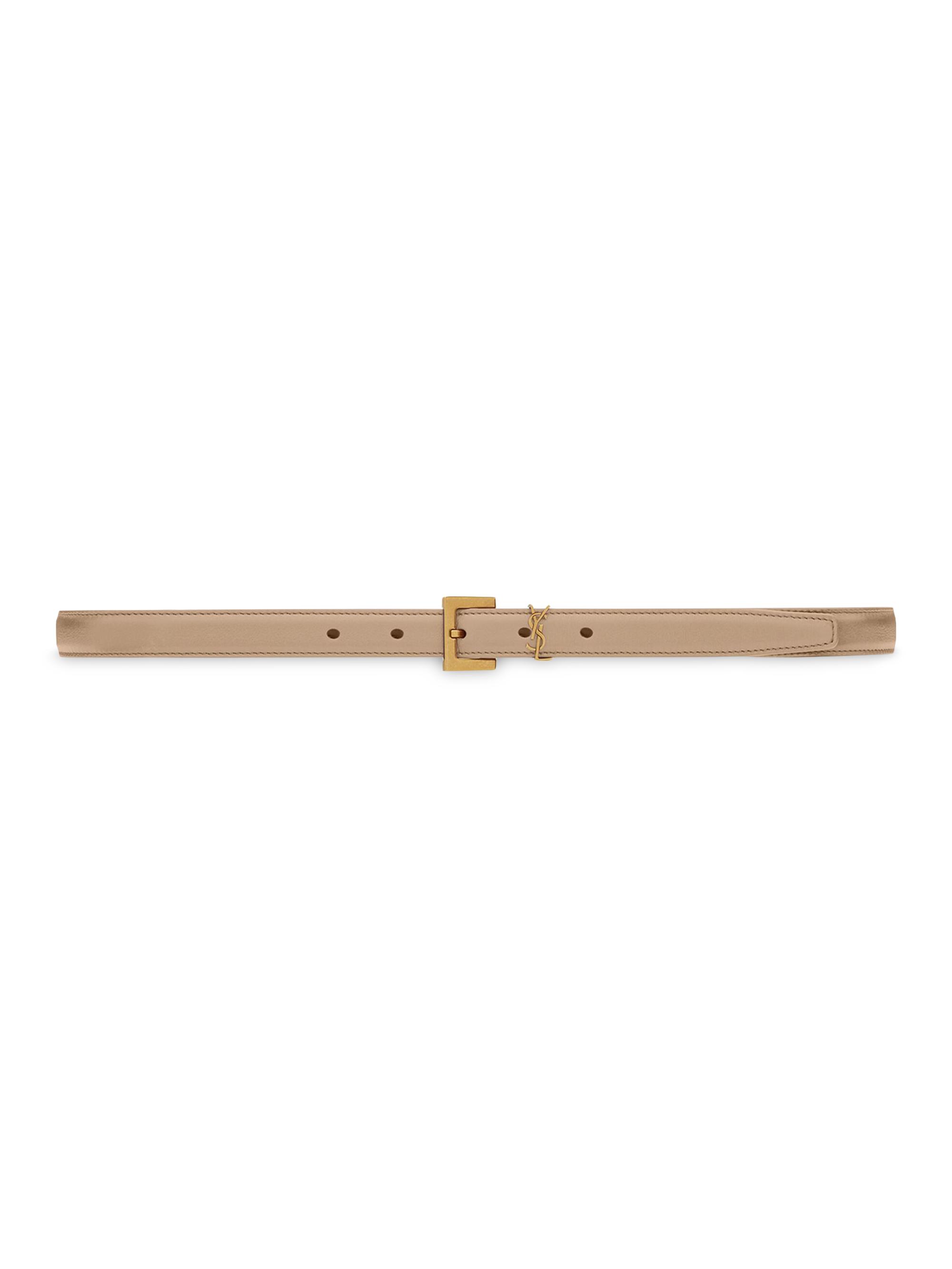 Saint Laurent Women's Cassandre Thin Belt with Square Buckle in Smooth Leather - Dark Beige