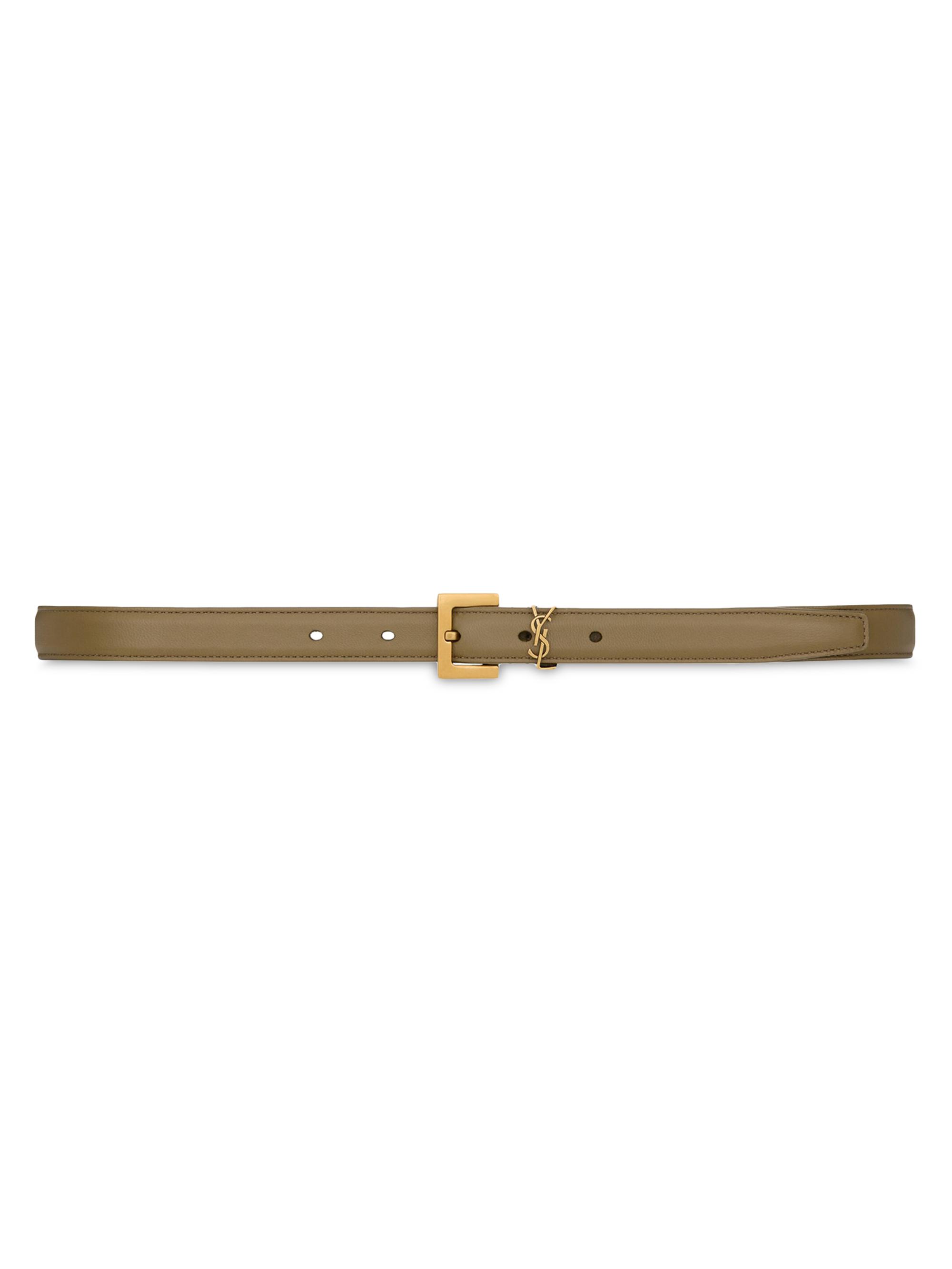 Saint Laurent Women's Cassandre Thin Belt with Square Buckle in Smooth Leather - Dry Lagoon