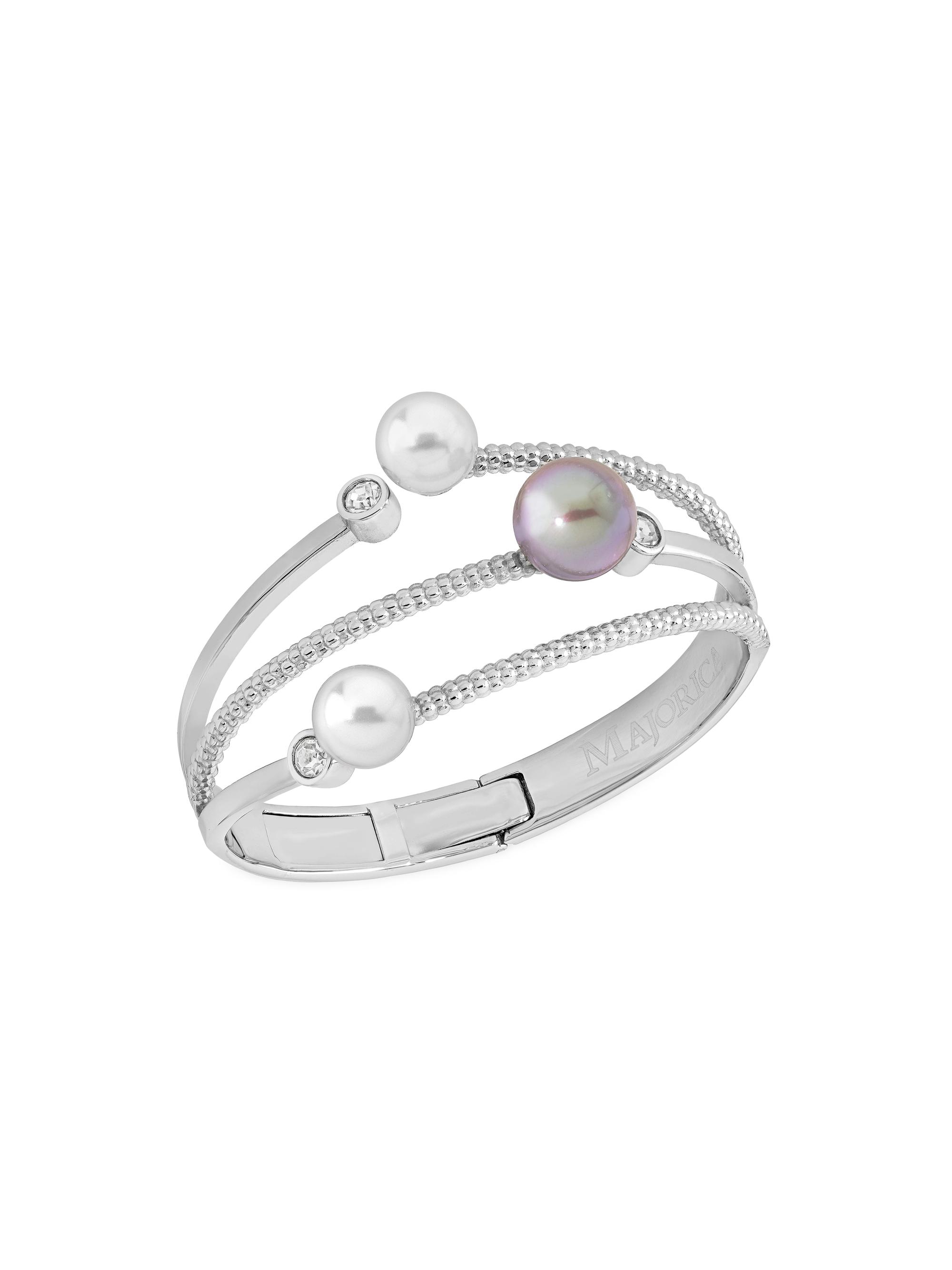 Majorica Women's Planet Rhodium-Plated Silver, Cubic Zirconia, White & Gray Pearl Bangle - Pearl