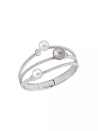 Planet Rhodium-Plated Silver, Cubic Zirconia, White & Gray Pearl Bangle