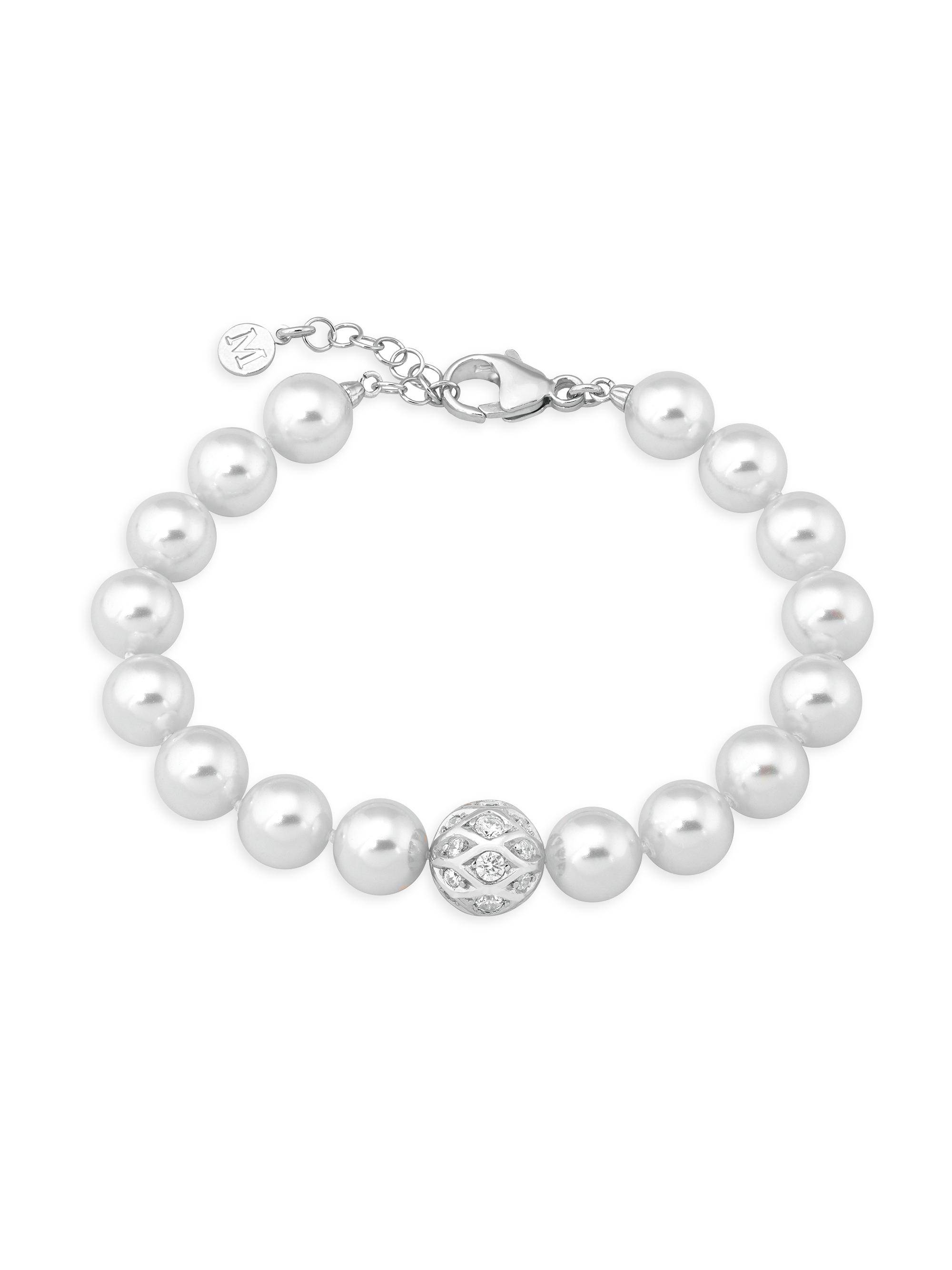 Majorica Women's Esfera Rhodium-Plate, Crystal & Faux Pearl Bracelet - Pearl