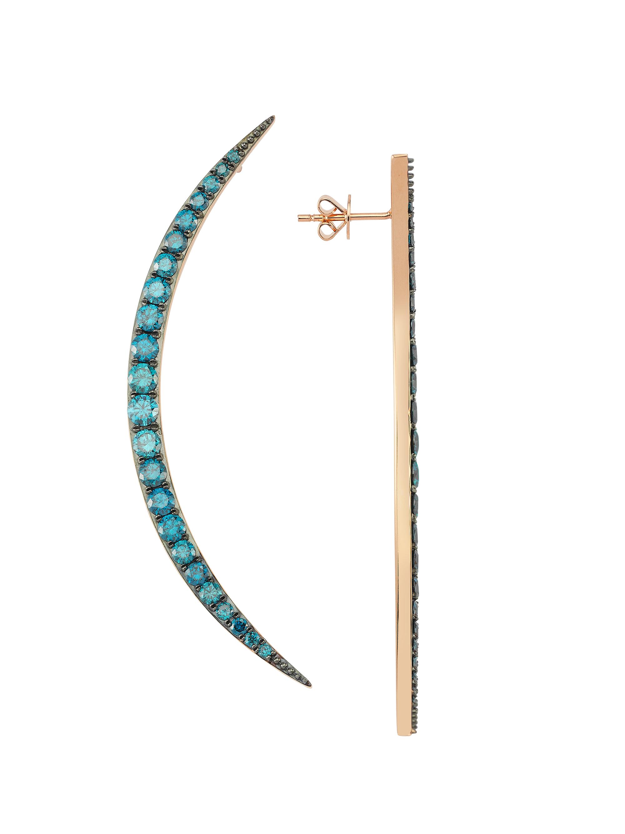 Bee Goddess Women's Star Light Crescent 14K Rose Gold & Blue Diamond Moon Earrings - Rose Gold