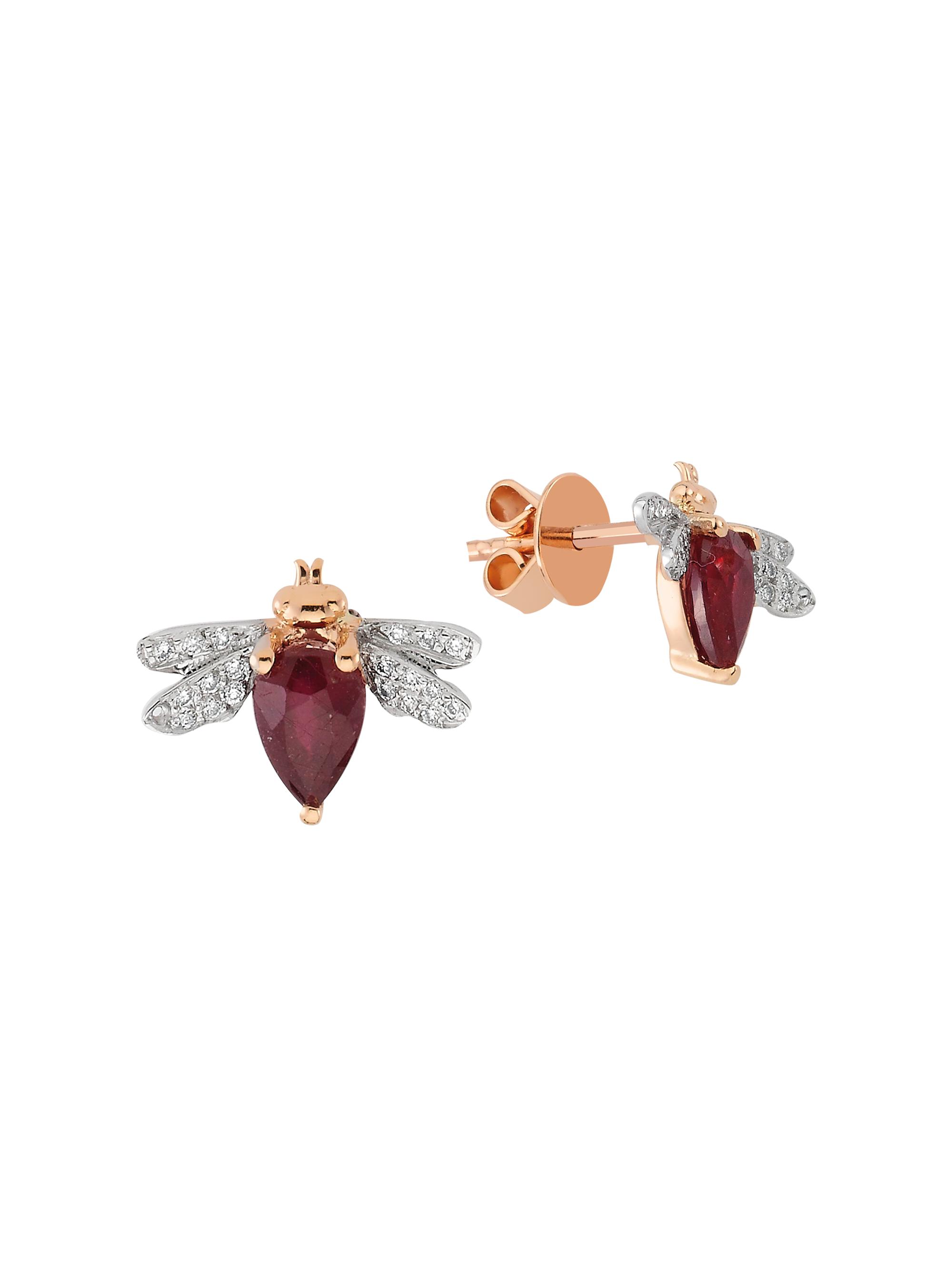 Bee Goddess Women's Honey Bee 14K Rose Gold, Diamond & Ruby Earring - Rose Gold
