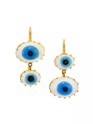 18K Yellow Gold & Turkish Glass Mismatched Eye Double-Drop Earrings