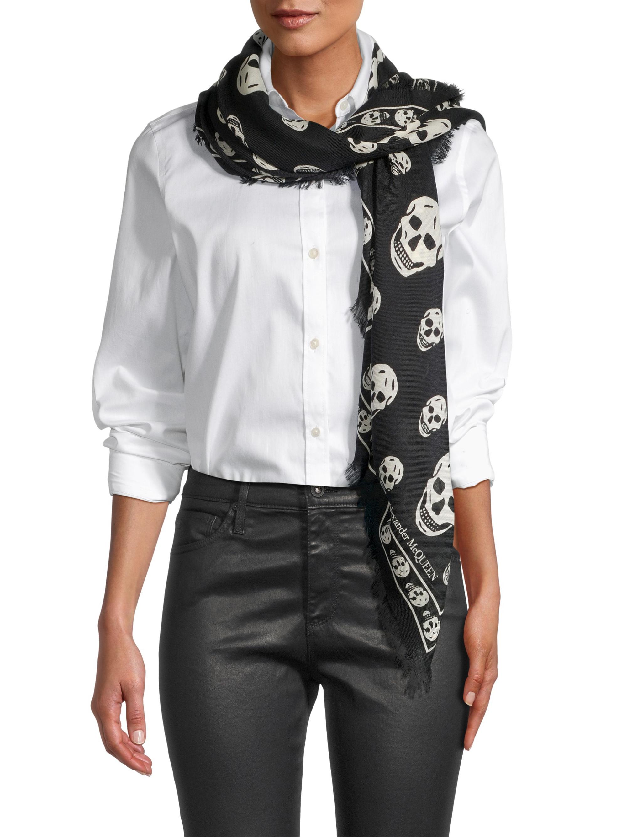 McQueen Women's Skull-Print Wool Scarf - Black