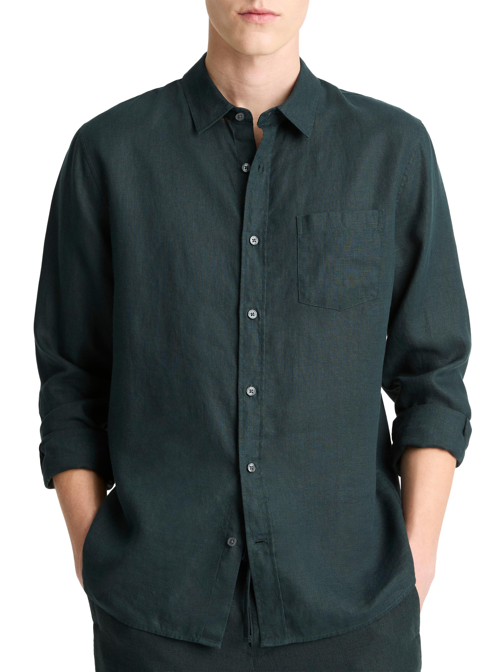Vince Men's Linen Long-Sleeve Button-Up Shirt - Seaweed