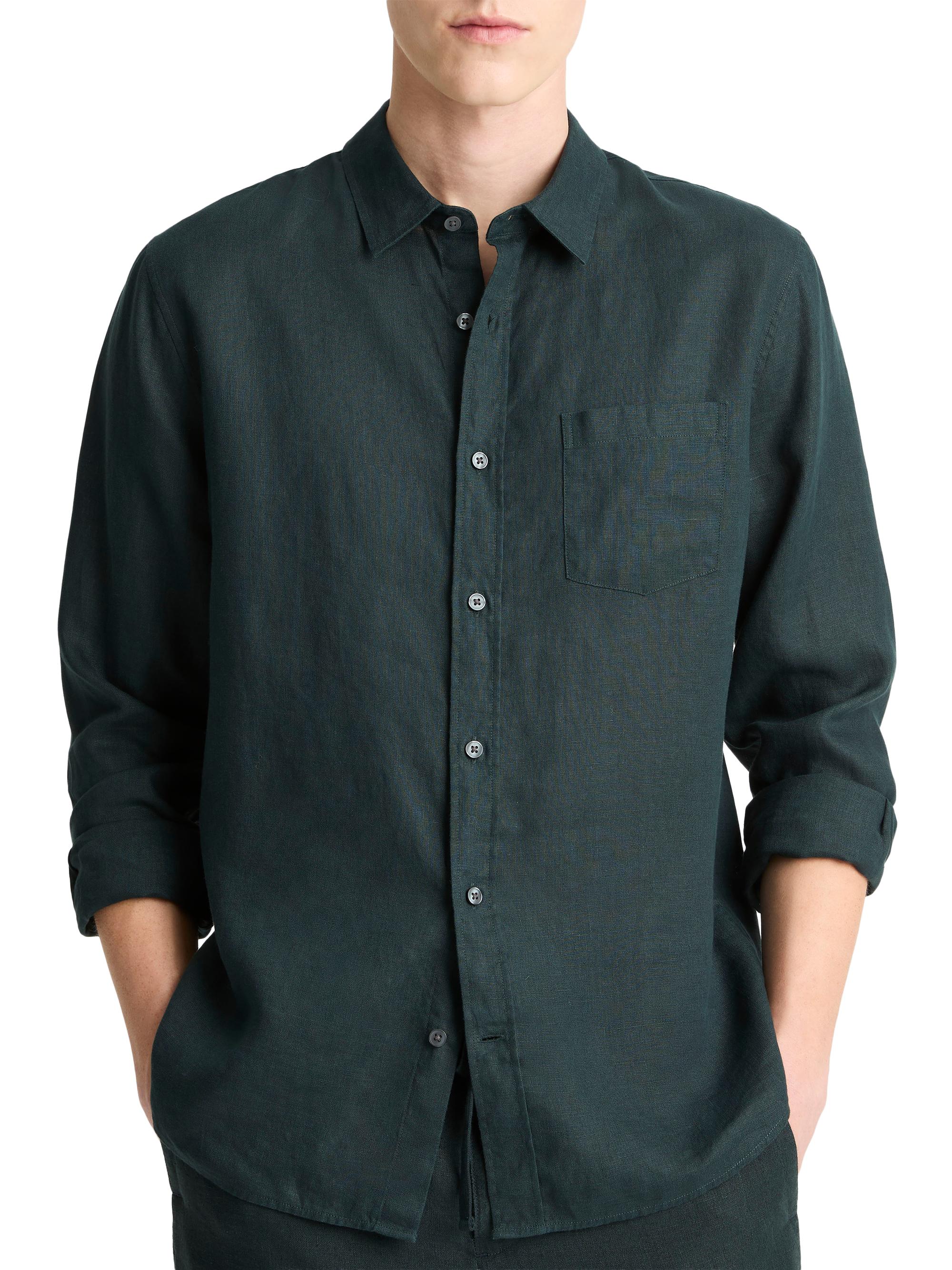 Vince Men's Linen Long-Sleeve Button-Up Shirt - Seaweed | Thumbnail 3