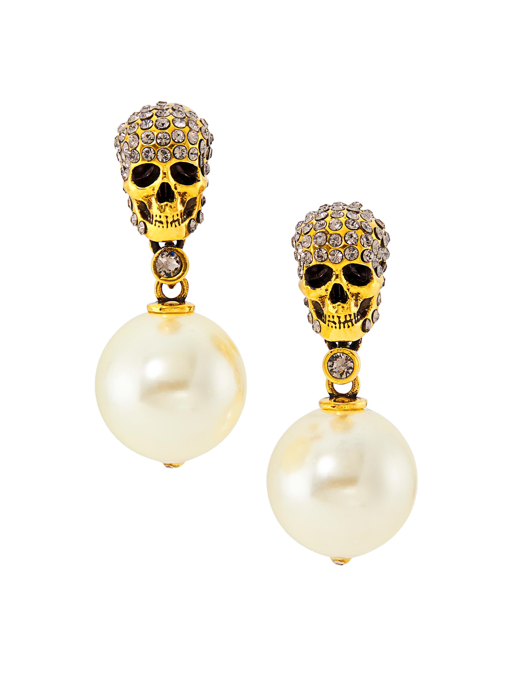 McQueen Women's Swarovski Crystal & Faux Pearl Skull Drop Earrings - Caramel