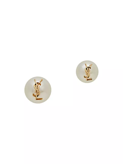 Logo Faux Pearl Stud Earrings in White - Saint Laurent