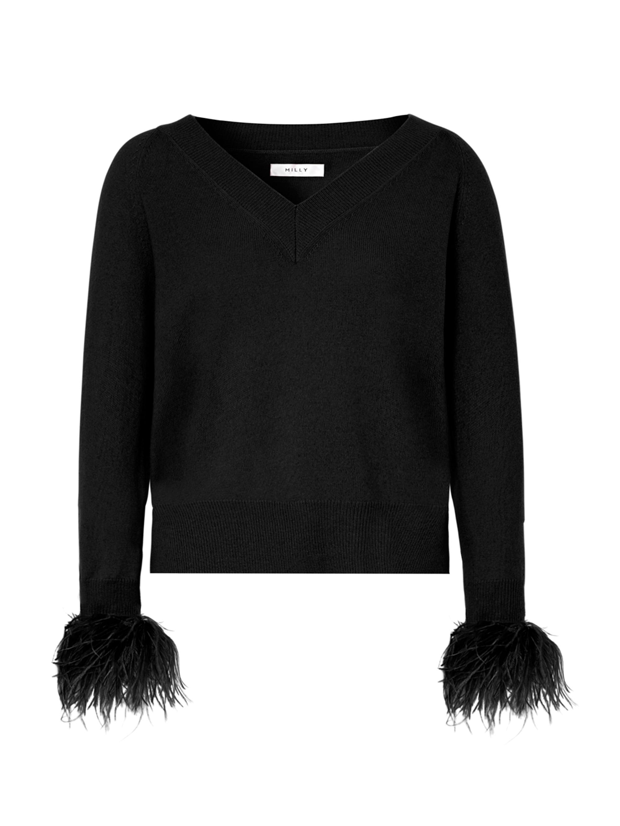 Milly Women's Feather-Embellished V-Neck Sweater - Black