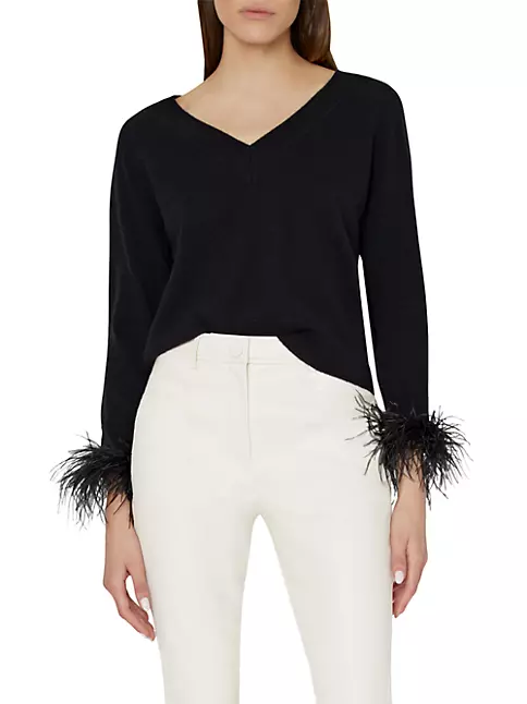 Feather Cuff V-neck Sweater in Milly Pink