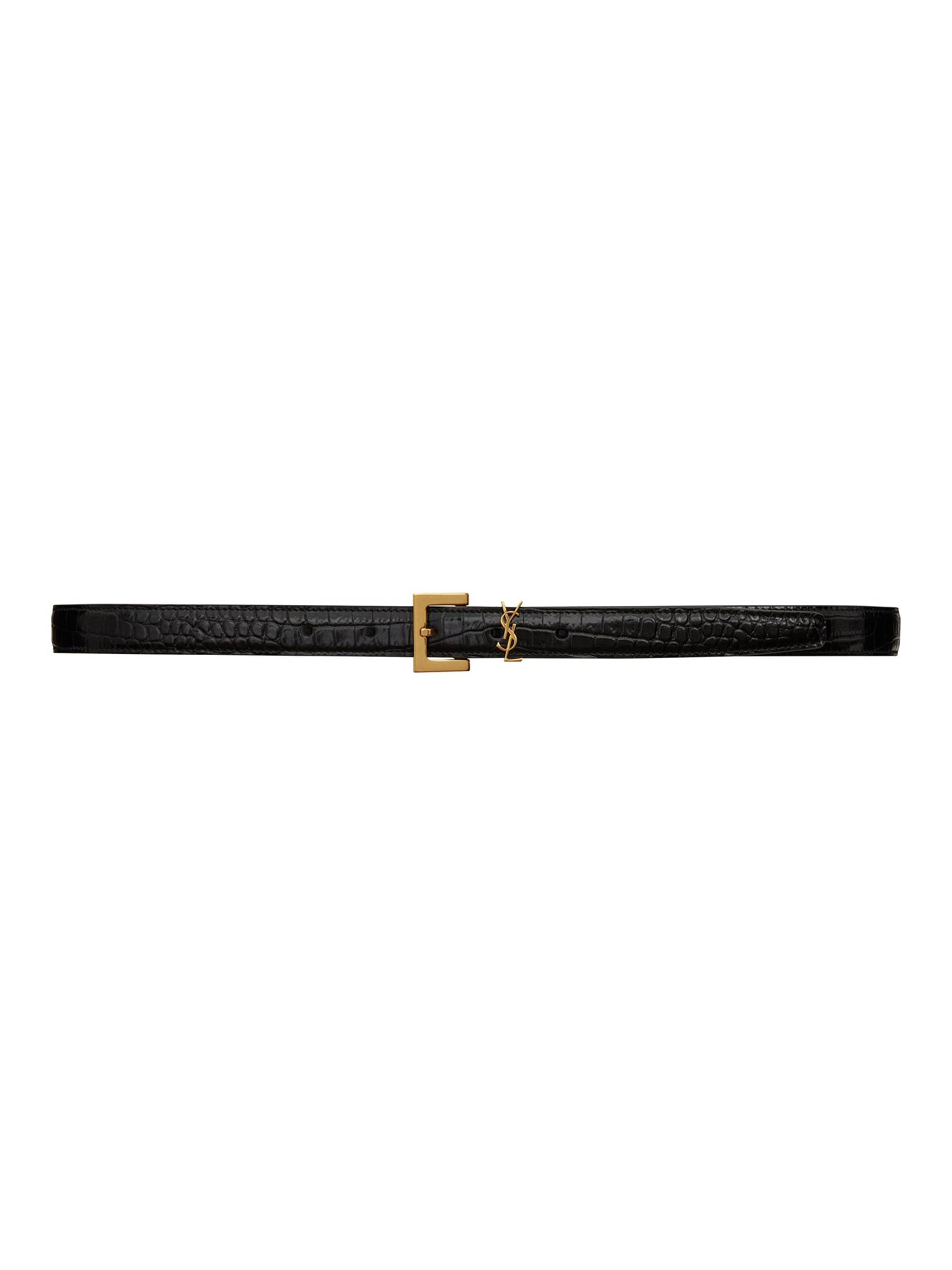 Saint Laurent Women's Cassandre Thin Belt with Square Buckle in Crocodile-Embossed Leather - Nero