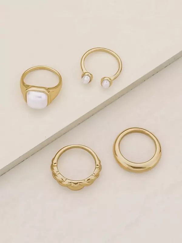 Shop Tory Burch Kira 18K-Gold-Plated, Imitation Pearl & Glass Crystal  3-Piece Ring Set