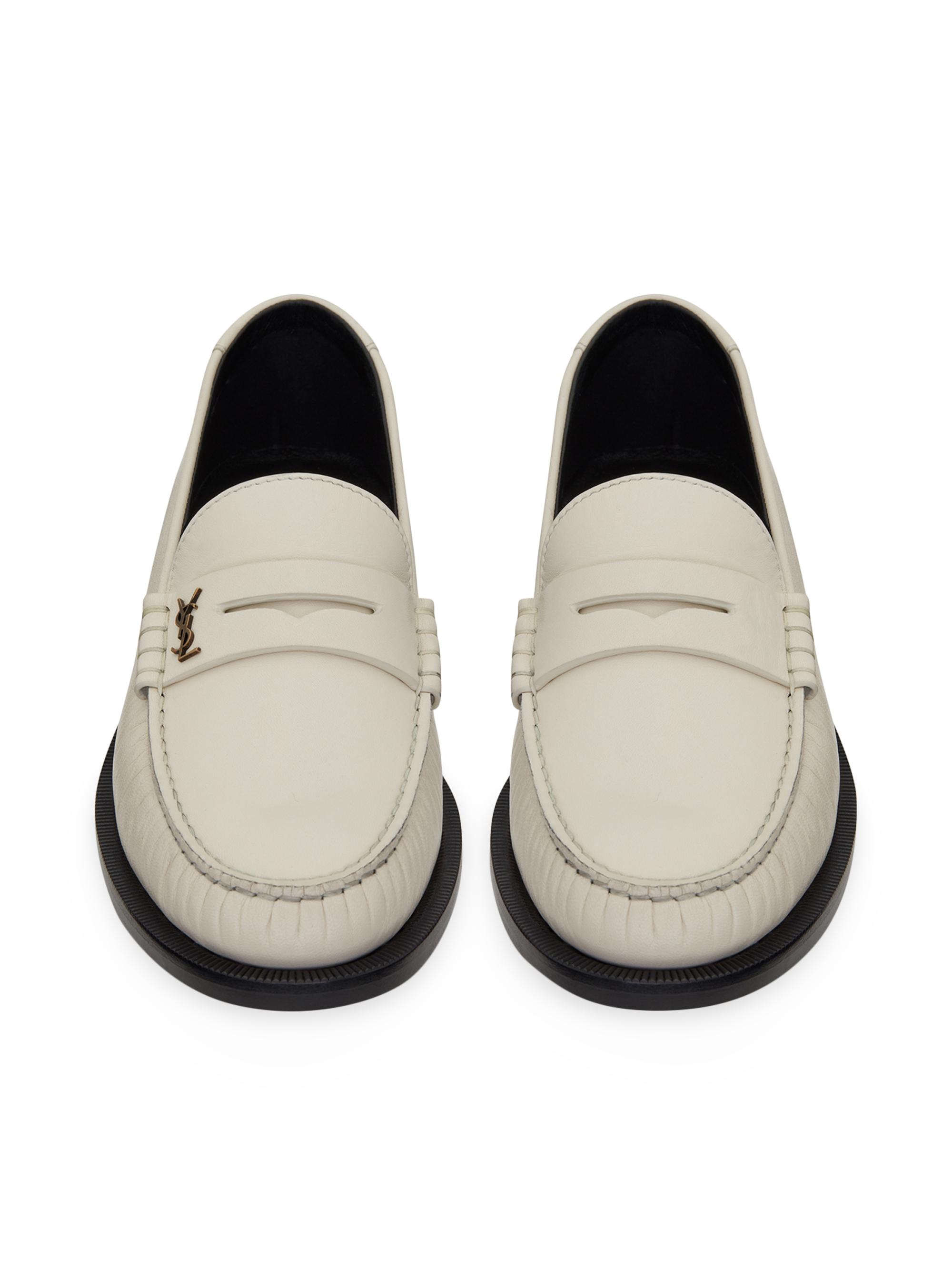 Saint Laurent Men's Le Loafer Monogram Penny Slippers In Smooth Leather - Pearl