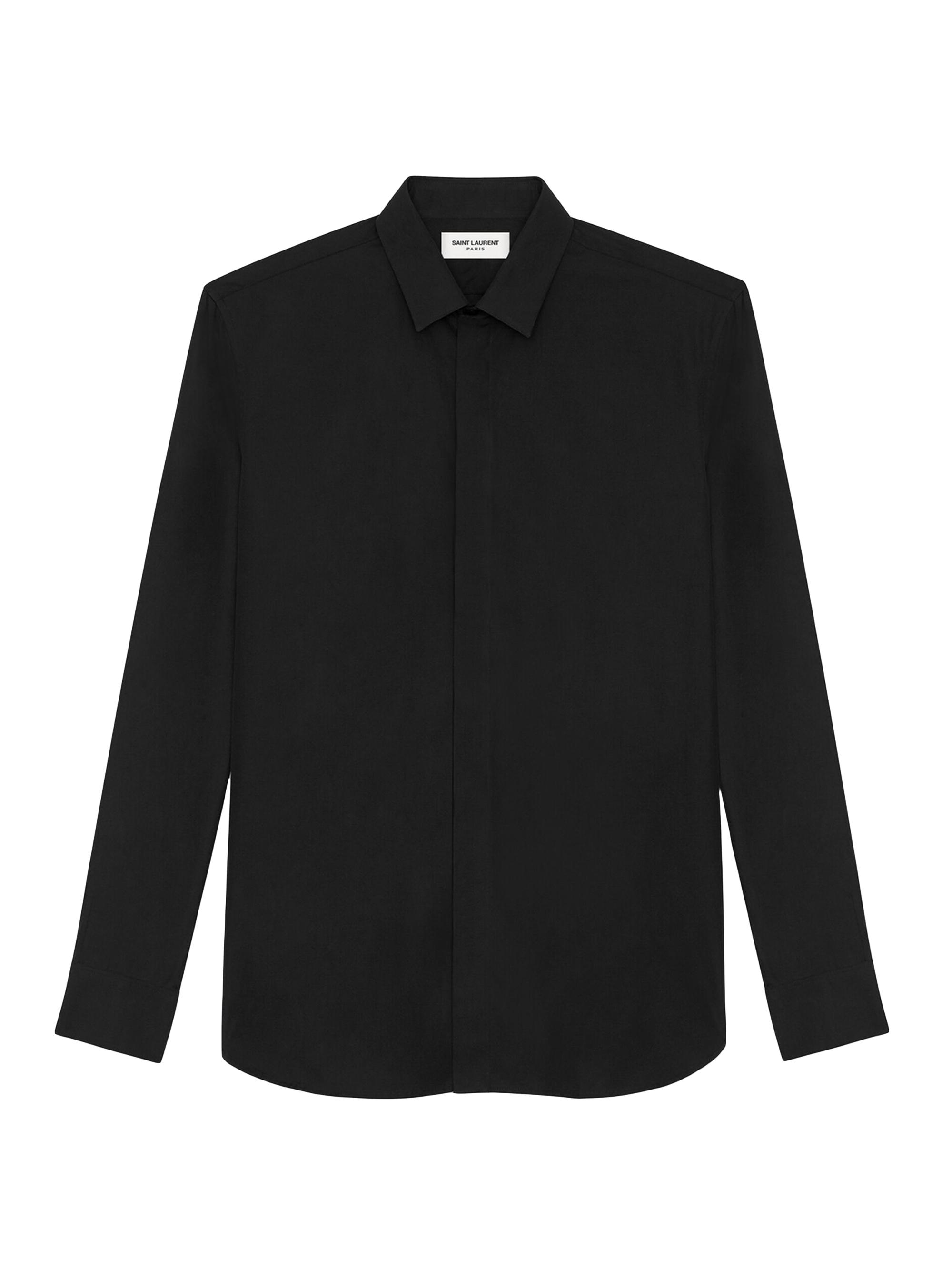 yves saint laurent dress shirt Tuxedo - '10s | Luxury Vintage Saint Laurent denim overshirt defined by the iconic Cassandre monogram on the chest pocket Spread collar Button front Long sleeves Single Yves Saint Laurent Button down
