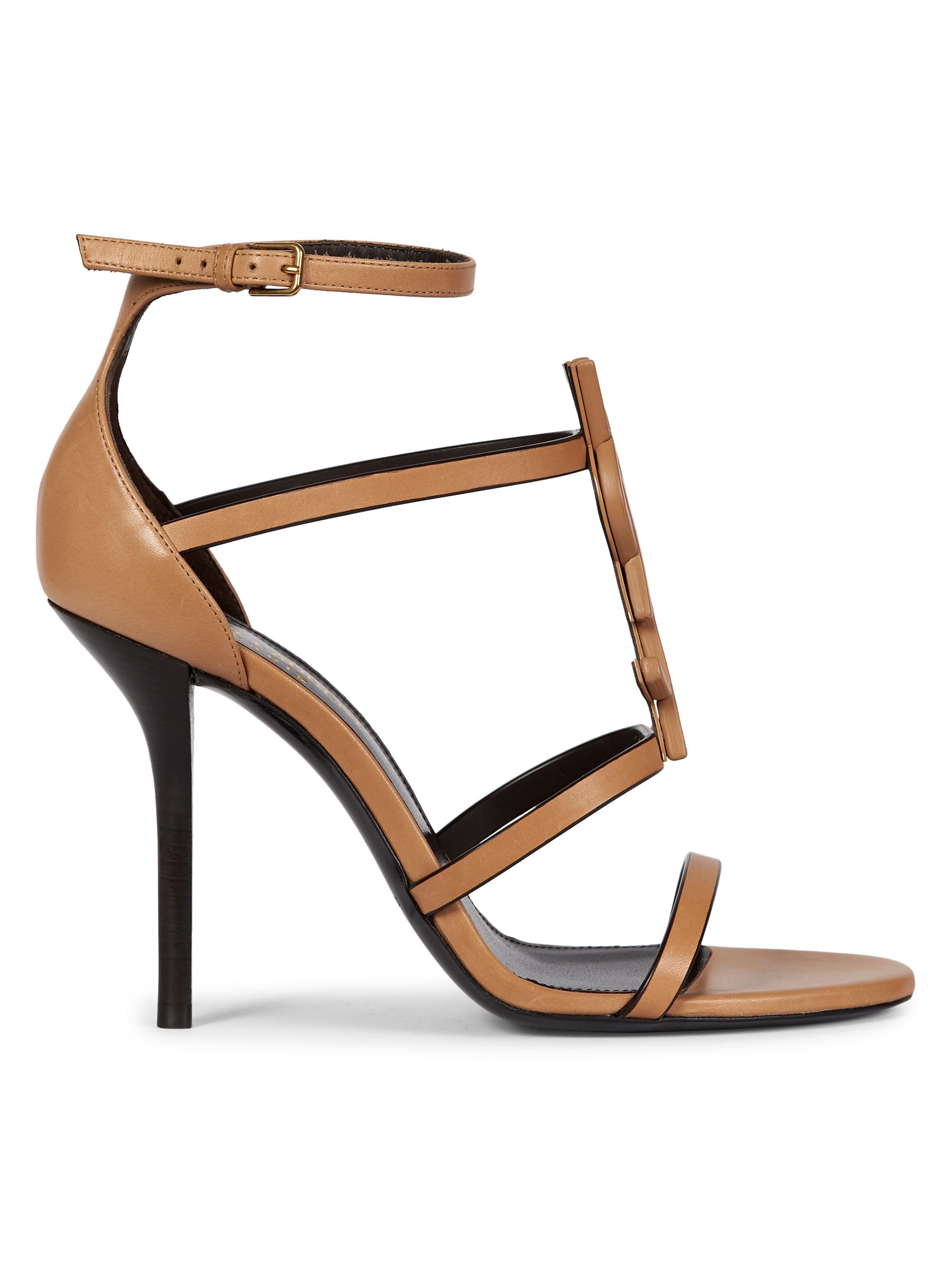 Saint Laurent Women's Cassandra Sandals in Smooth Vegetable-Tanned Leather with Monogram - Gold Brown