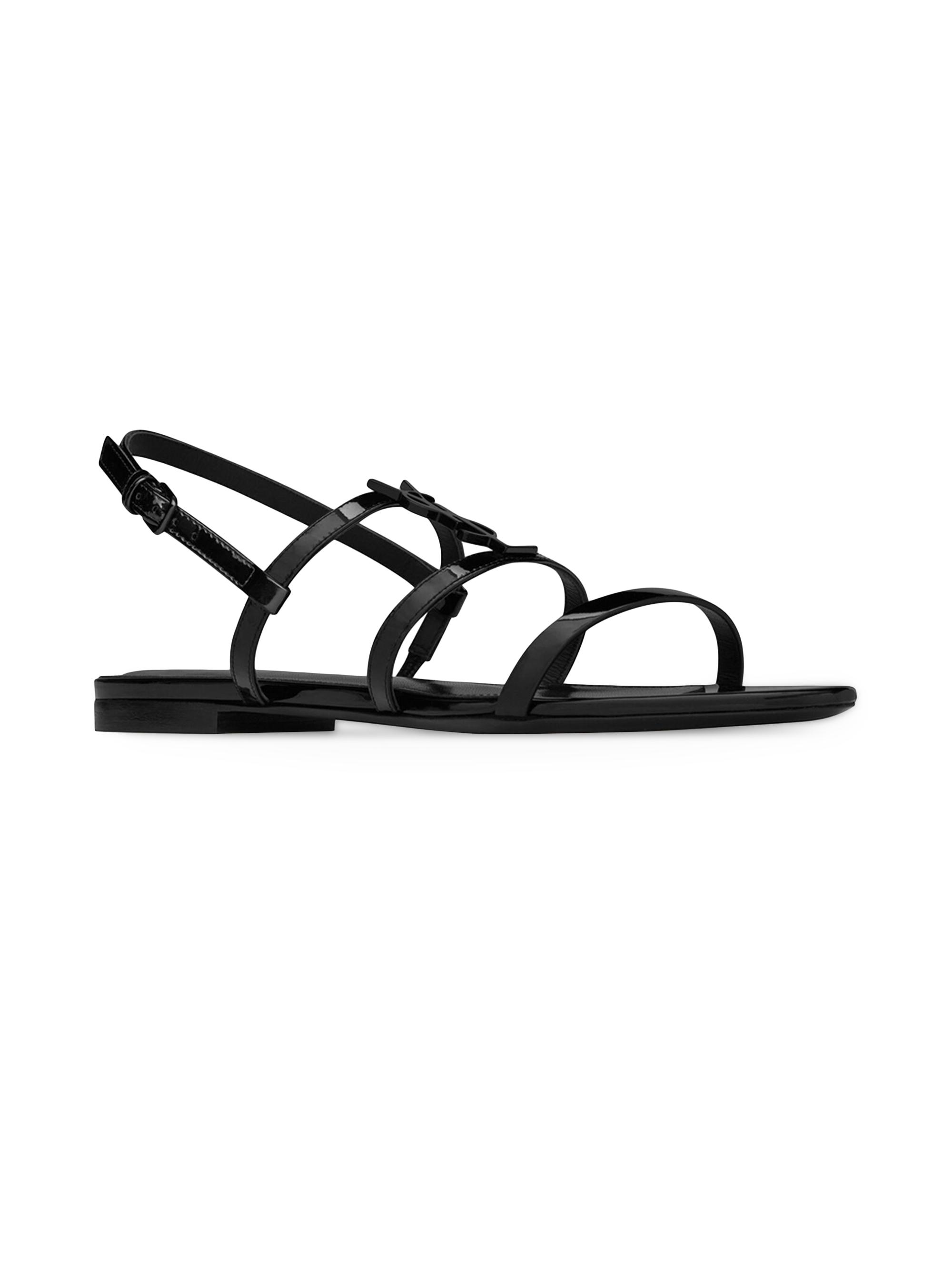Saint Laurent Women's Cassandra Flat Sandals In Patent Leather With Black Monogram - Nero