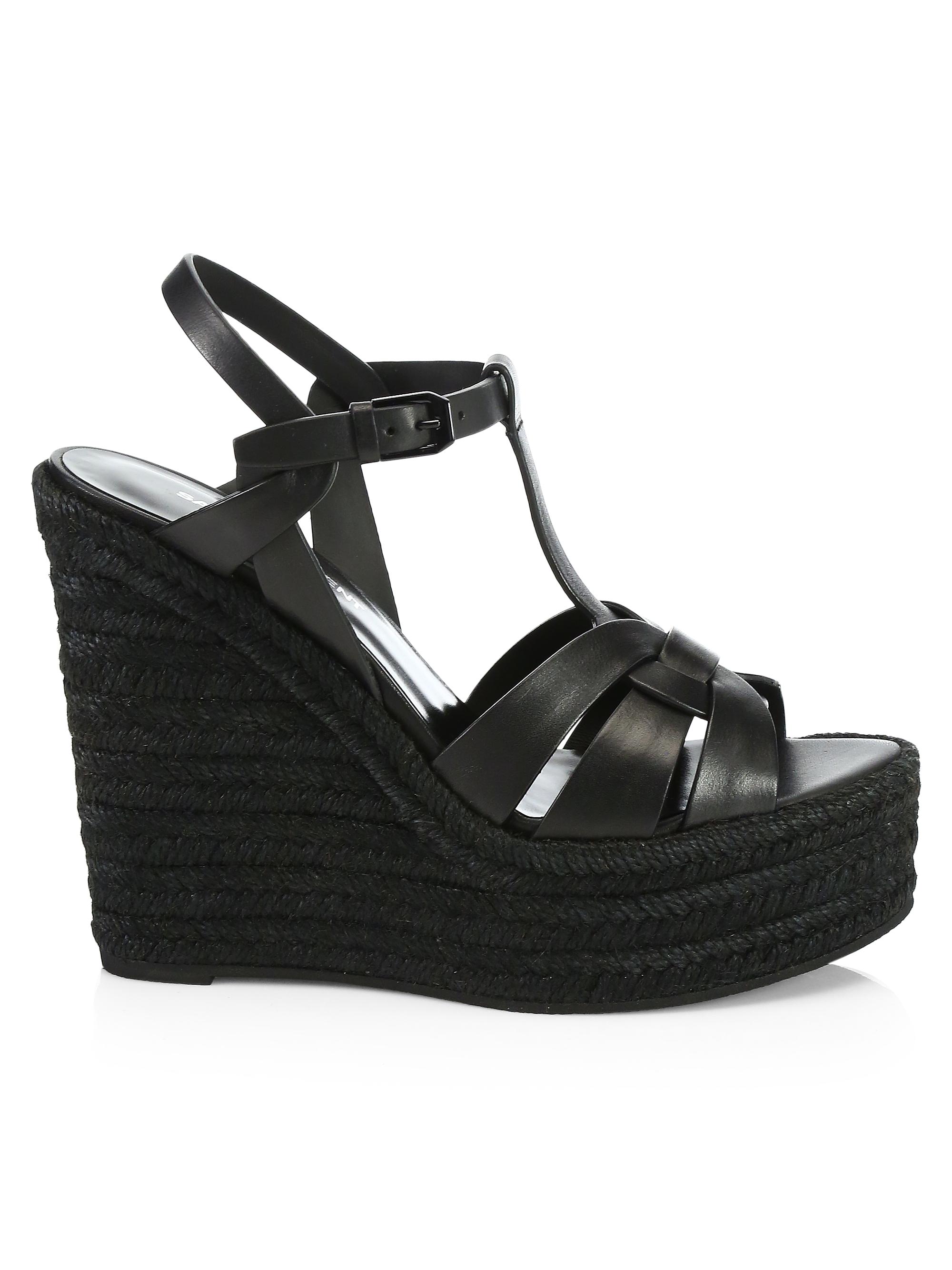 Saint Laurent Women's Tribute Leather Espadrille Wedge Sandals - Black