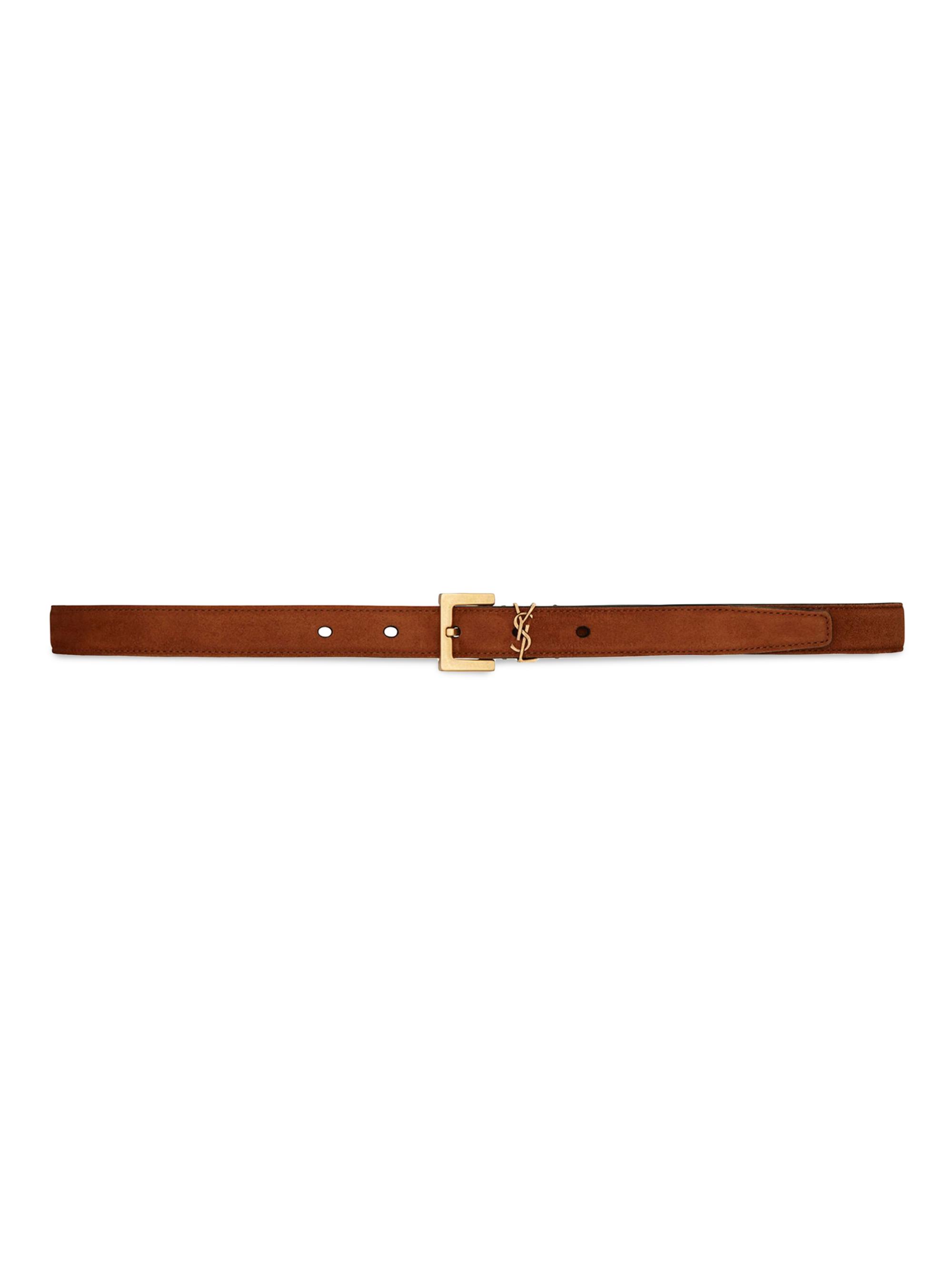 Saint Laurent Women's Cassandre Thin Belt with Square Buckle in Suede - Brick
