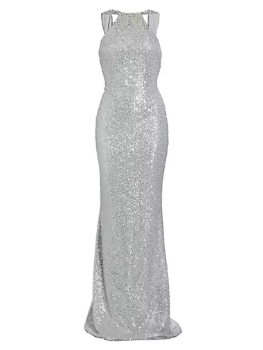 Beaded Sequin Cowl-Back Gown