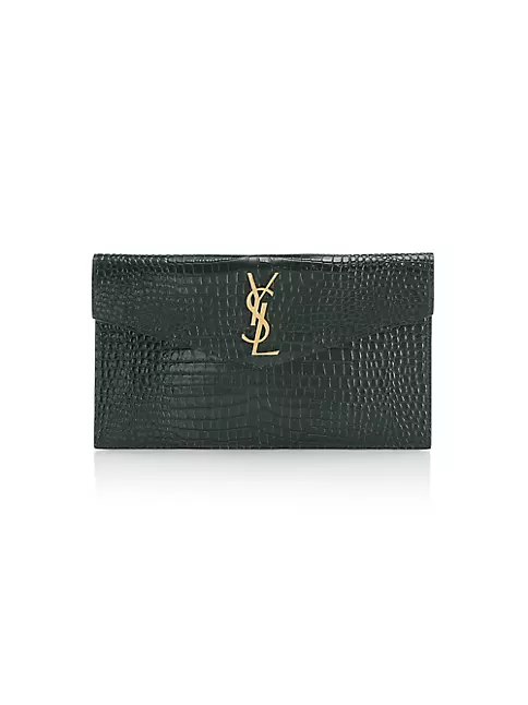 uptown flap card case in crocodile-embossed shiny leather