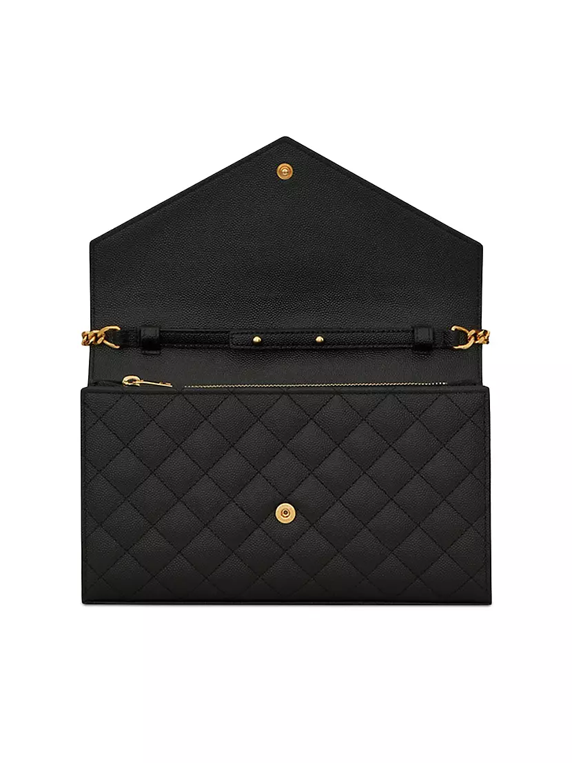 Saint Laurent Envelope Quilted Pebbled Leather Wallet on a Chain