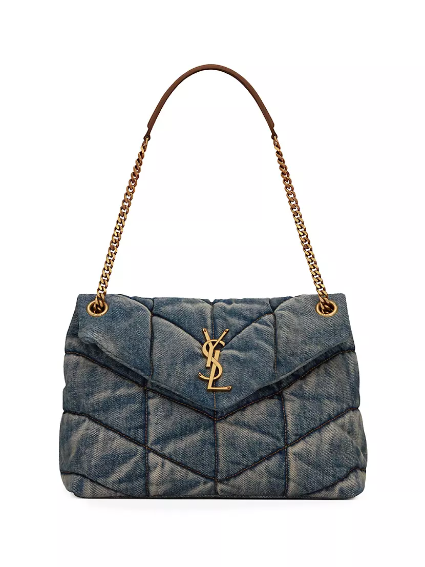 Puffer Medium Chain Quilted Denim and Suede Crossbody Bag