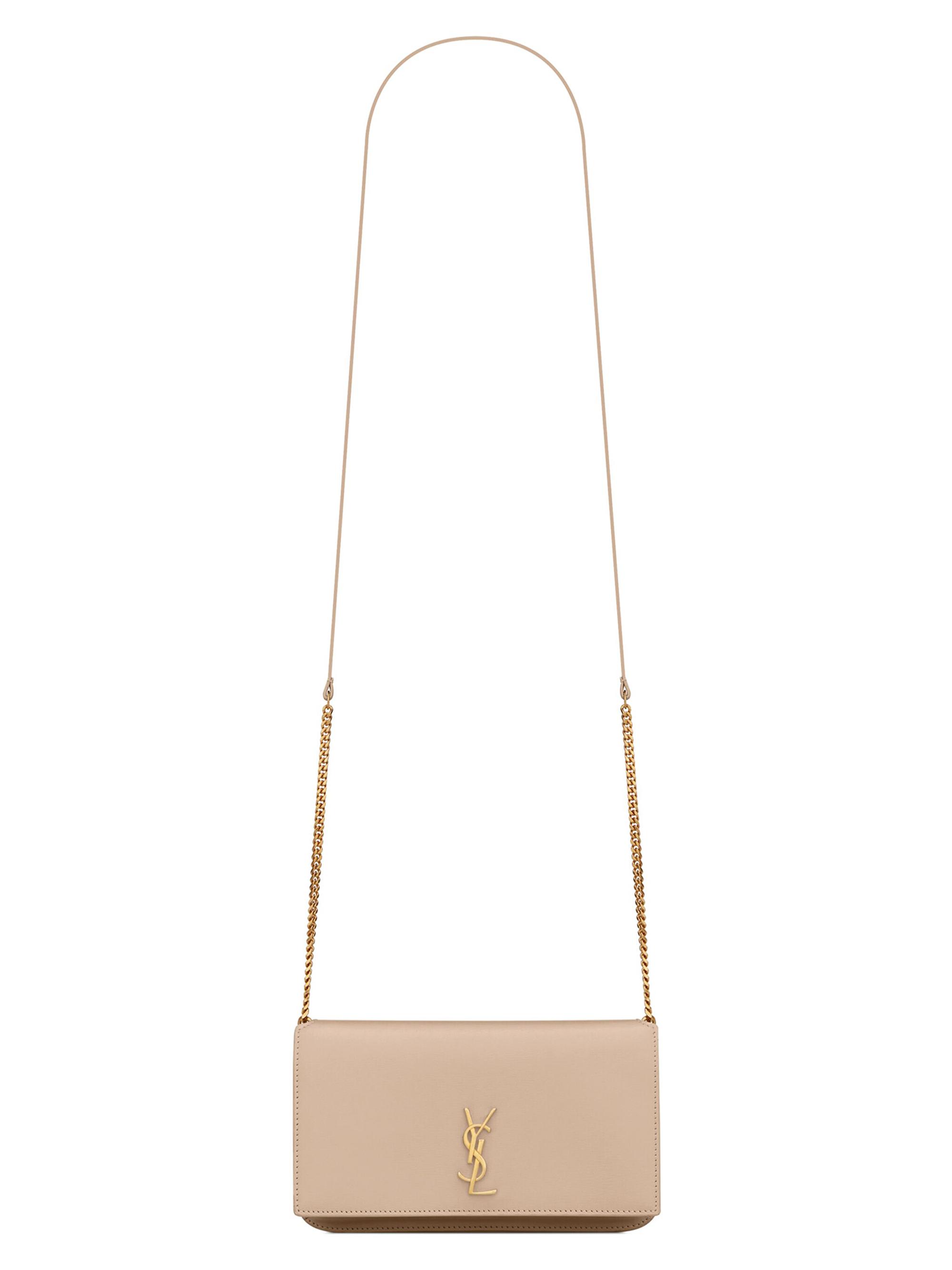Saint Laurent Women's Cassandre Phone Holder with Strap in Smooth Leather - Dark Beige | Thumbnail 8