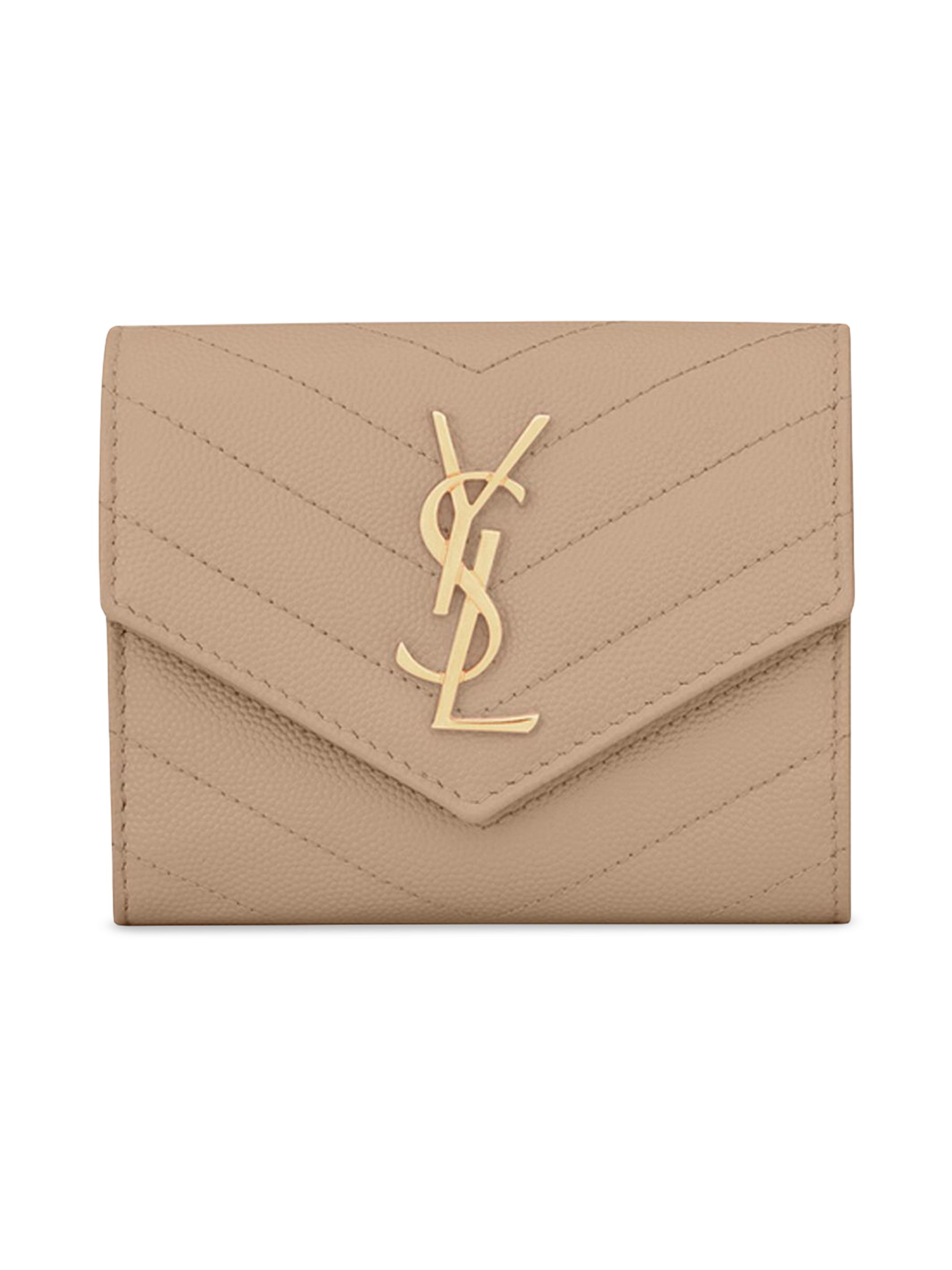 Saint Laurent Cassandre Matelassé Compact Tri Fold Wallet In Grain