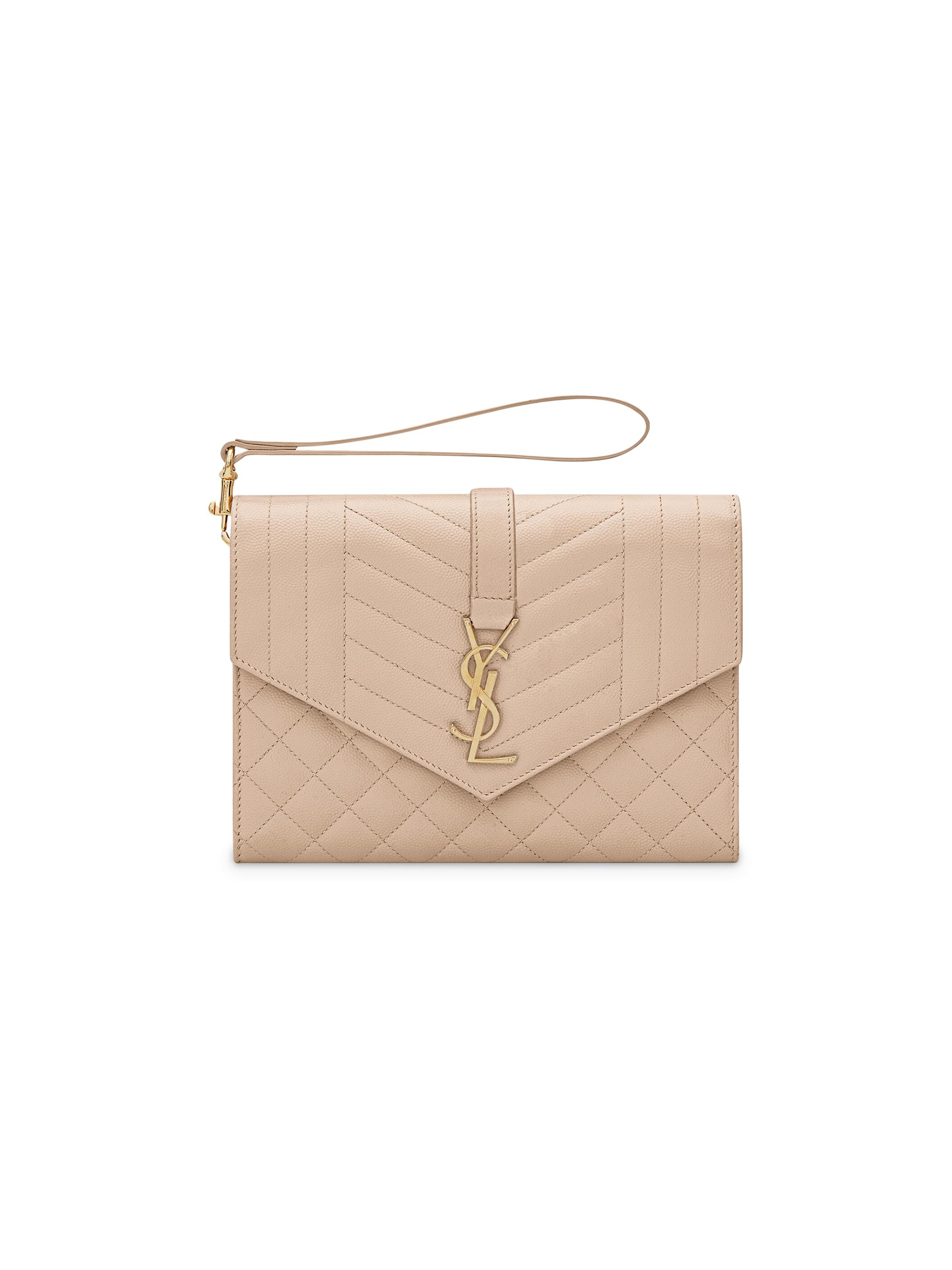 Saint Laurent Women's Envelope Flap Pouch In Mix Matelassé Grain De Poudre Embossed Leather - Dark Beige