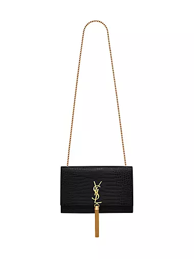 Kate Medium Chain Bag With Tassel In Crocodile-embossed Shiny Leather