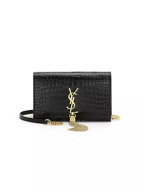 Saint Laurent Kate Shiny Croc-Embossed Wallet w/ Tassel on Chain