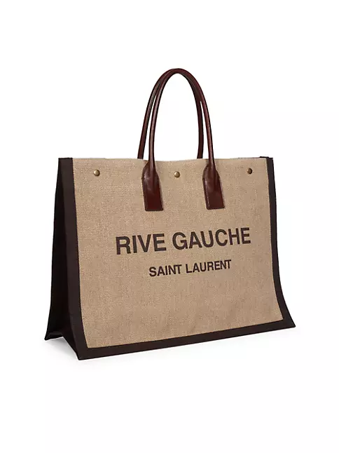 Saint Laurent Rive Gauche Printed Beige Raffia Tote Bag New