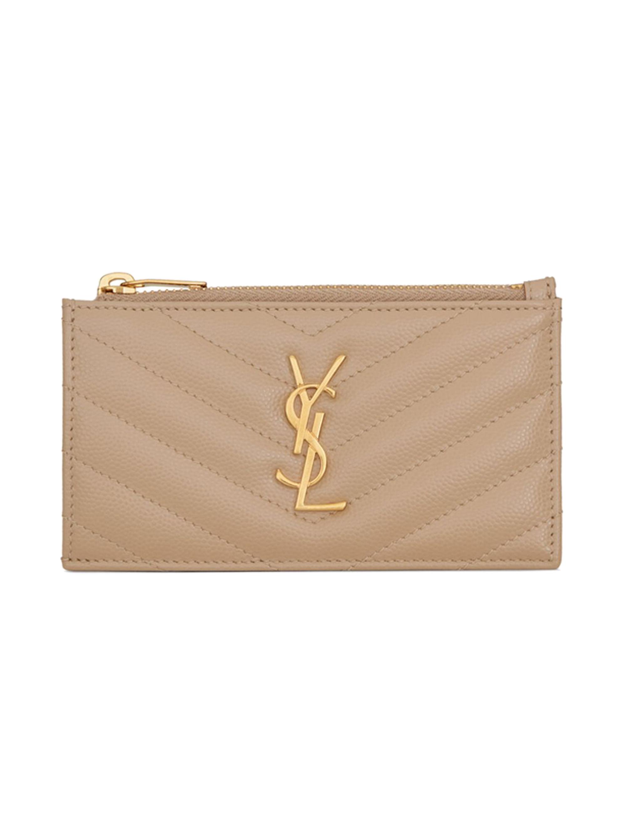 Saint Laurent Women's Cassandre Matelassé Zipped Card Case in Leather - Dark Beige